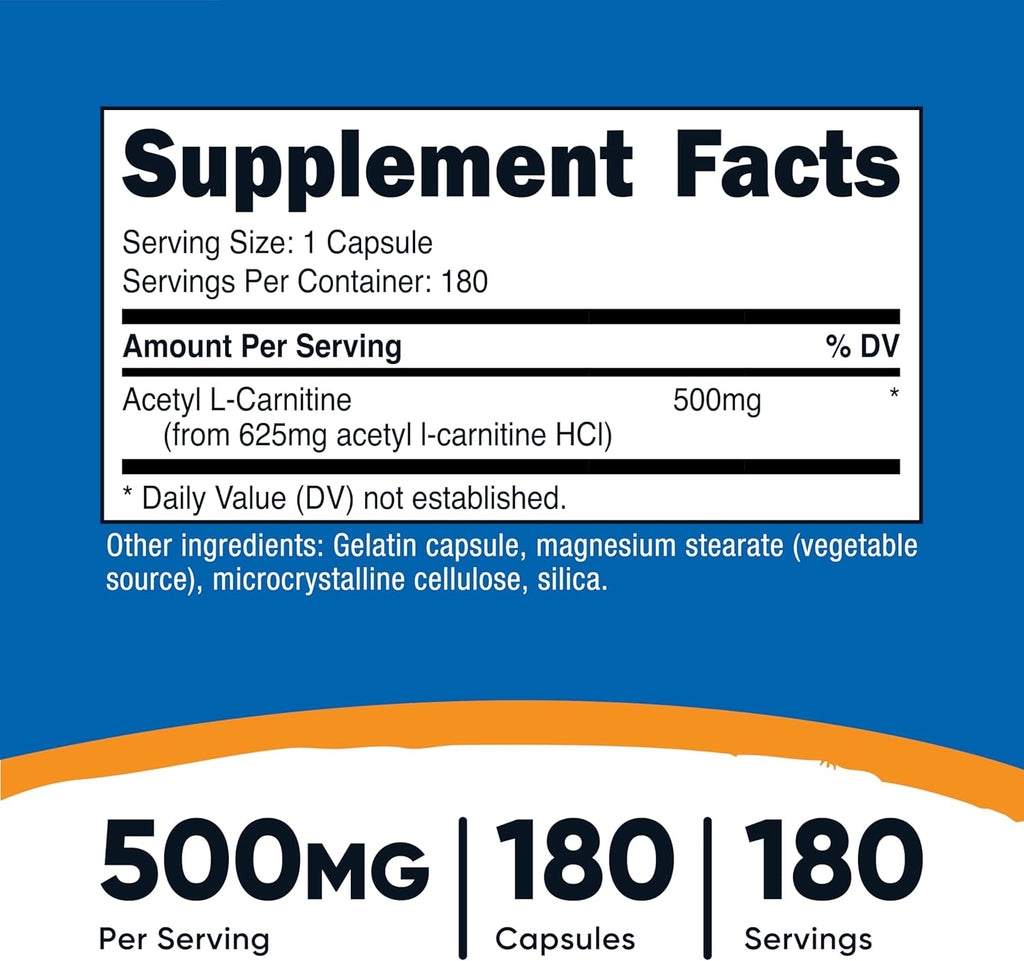 Nutricost Acetyl L-Carnitine (ALCAR) 500mg, 180 Capsules, 180 Servings - Non-GMO and Gluten Free, 1 Capsule per Serving