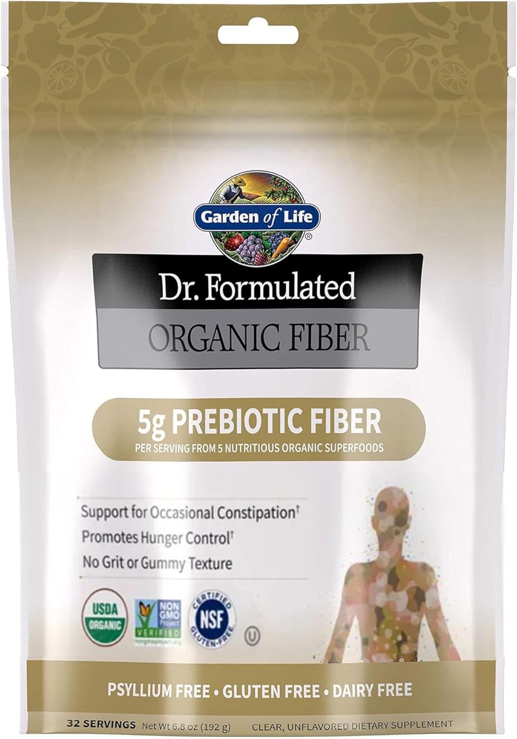 Garden of Life Dr Formulated Organic Fiber Supplement Powder Unflavored, Sugar Free, Psyllium Free Prebiotic Superfoods, Constipation Relief and Hunger Control for Men and Women, 32 Servings