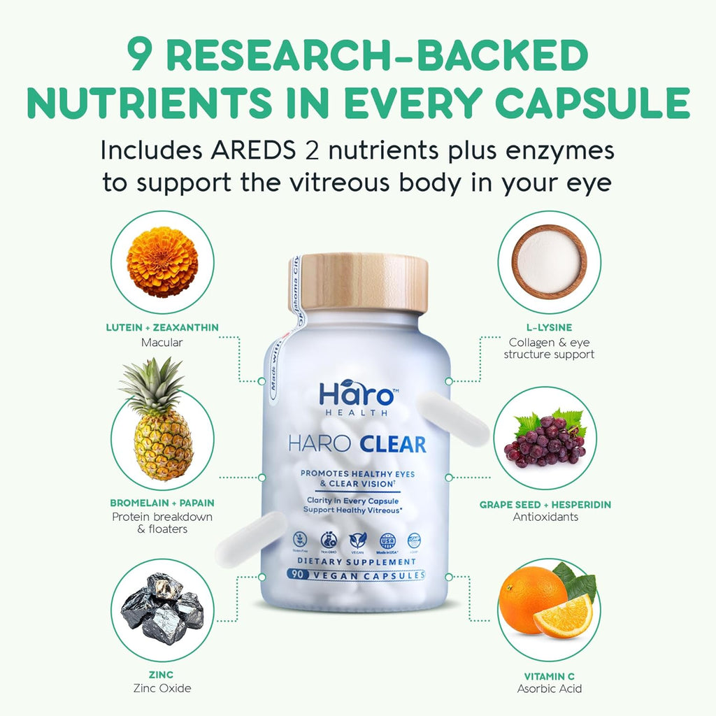HARO Clear AREDS 2 Eye Vitamins with Lutein and Zeaxanthin for Dry Eyes, Screen Strain & Degeneration, Advanced Macular Support and Vision Supplements for Adults & Seniors, 90 Vegan Capsules