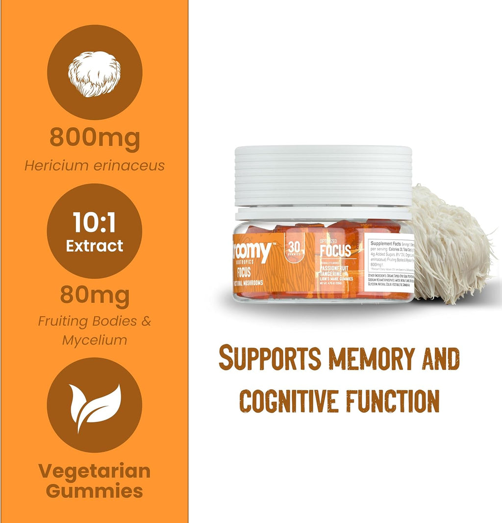 Troomy Lion's Mane Focus Gummies 30 Count - Natural Tangerine and Passionfruit Flavor, Gelatin-Free, Gluten-Free, Vegetarian