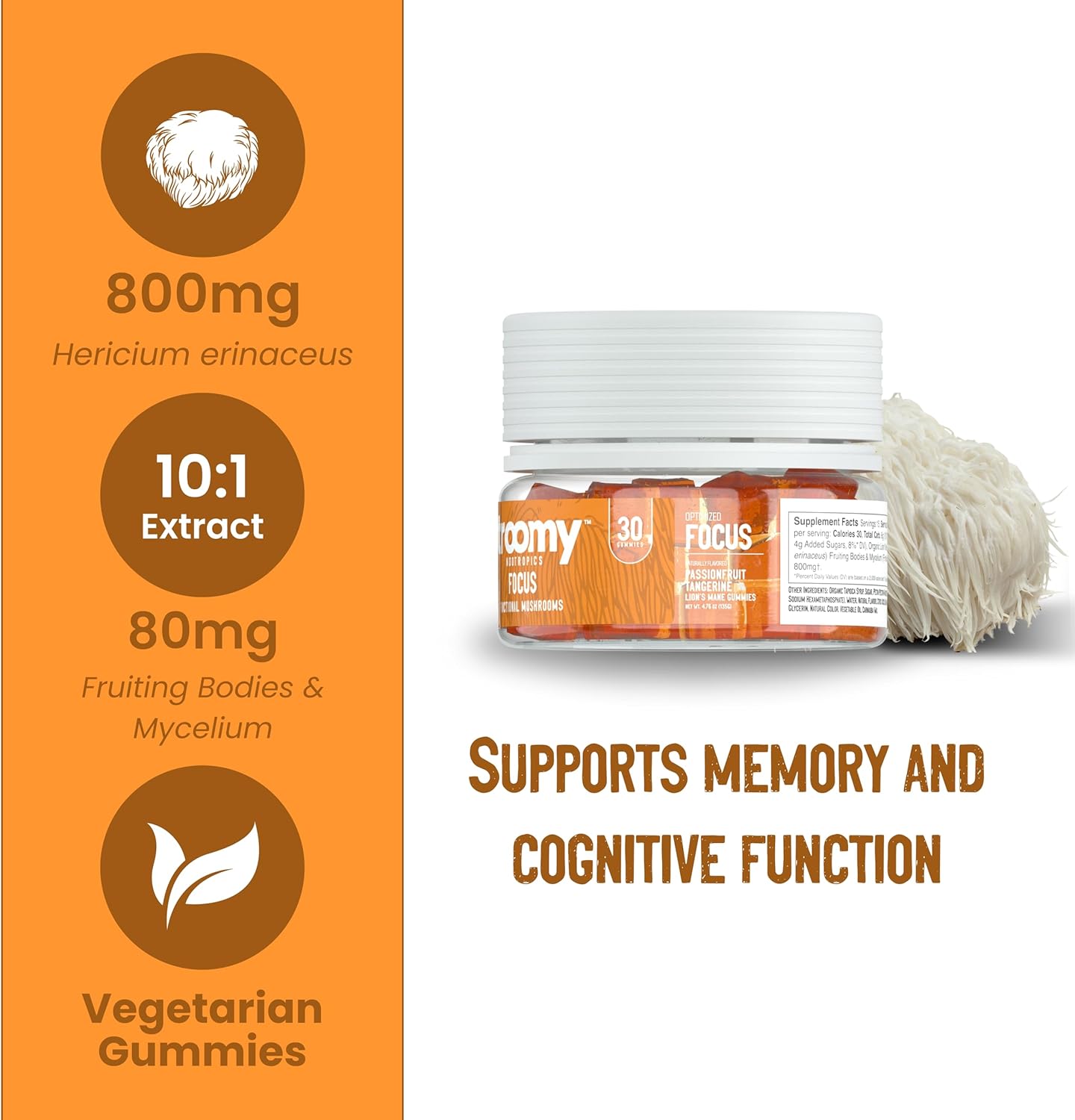 Troomy Lion's Mane Focus Gummies 30 Count - Natural Tangerine and Passionfruit Flavor, Gelatin-Free, Gluten-Free, Vegetarian