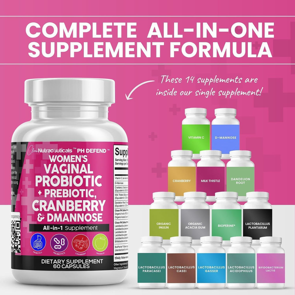 Clean Nutraceuticals Vaginal Probiotics for Women + Prebiotics 20 Billion Cranberry Pills w D-Mannose 500 mg for Urinary Tract Health pH Balance - for Vaginal Health Supplements Pills - 3Pack