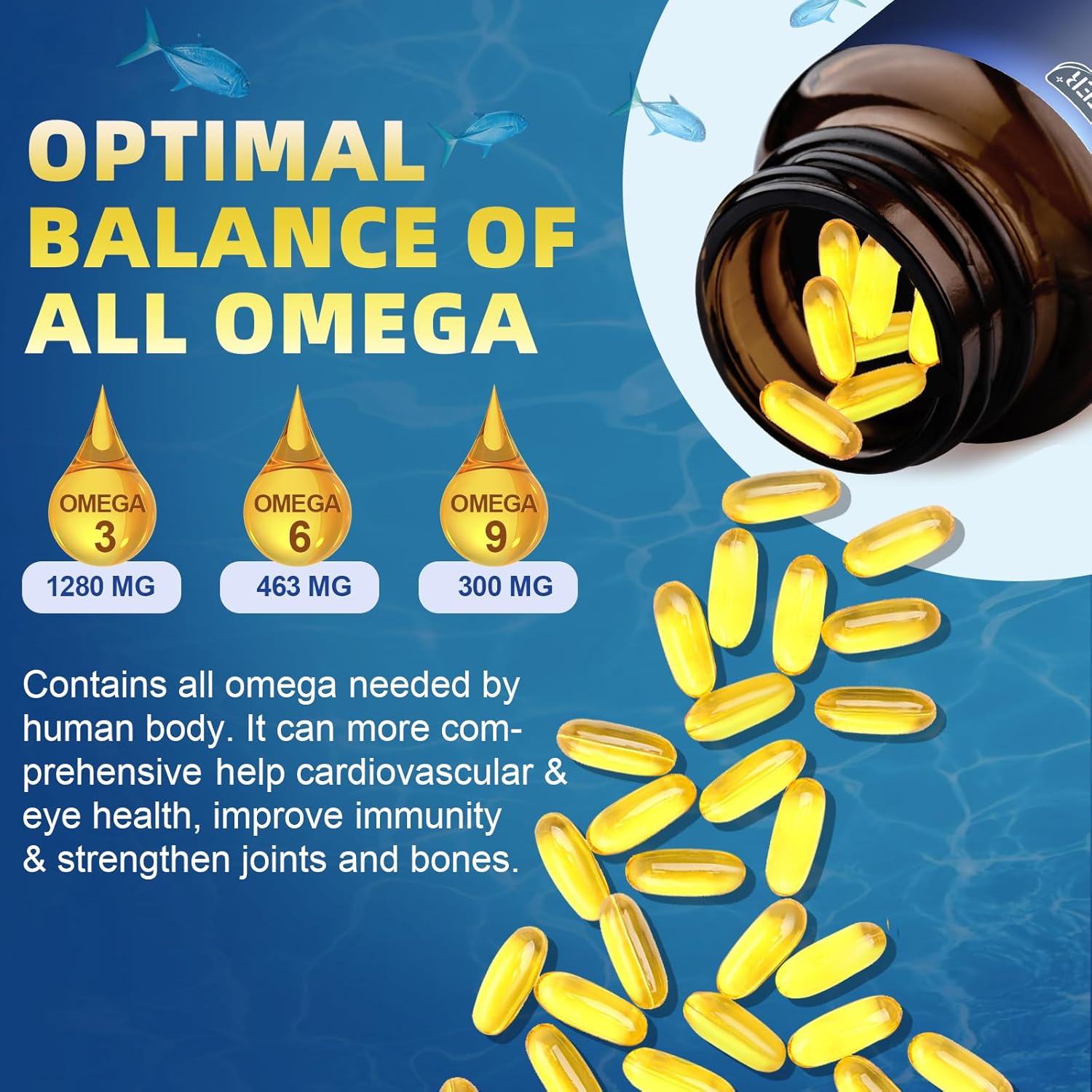 Triple Omega 3-6-9 Fish Oil 2000mg with Vitamin E - EPA & DHA Fatty Acids Supplement - Supports Heart, Brain, Eye, Skin & Immune Health - Includes Flaxseed & Borage, Non-GMO, 120 Softgels