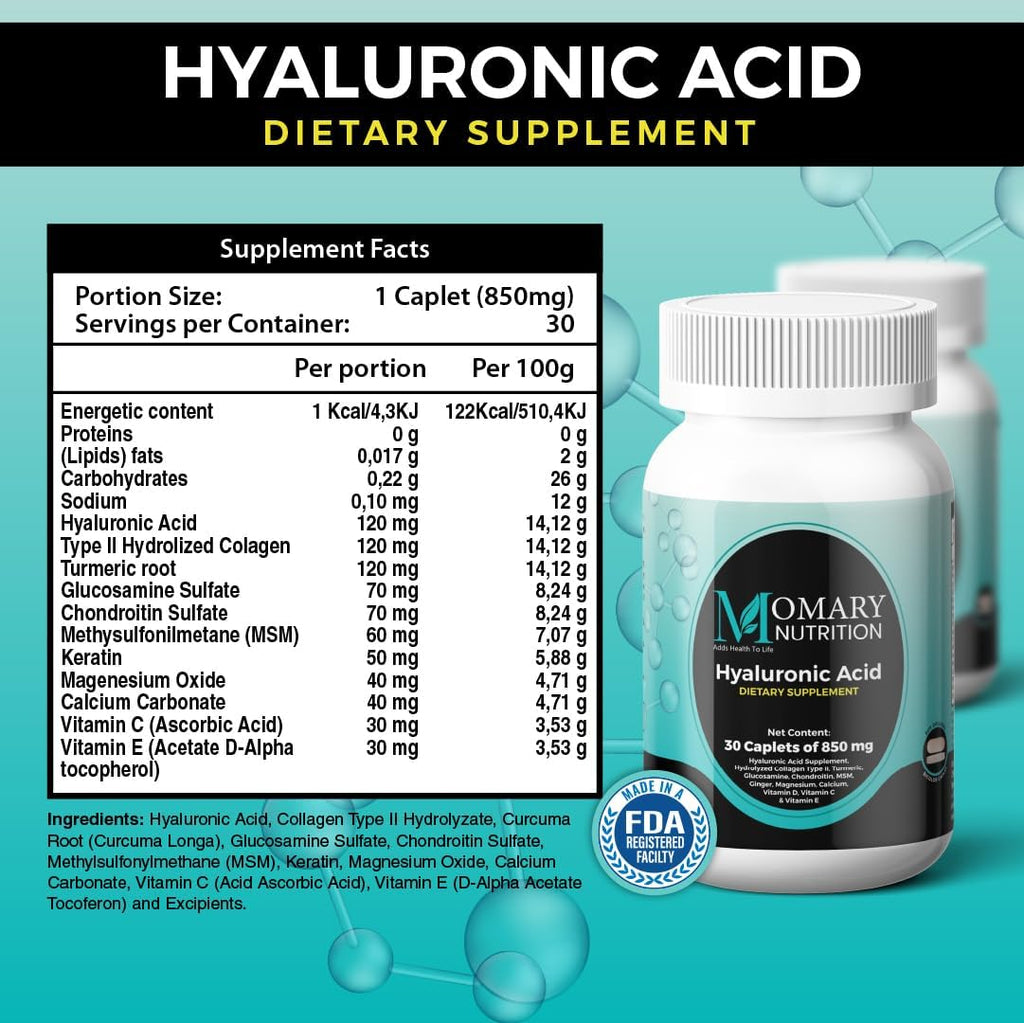 Hyaluronic Acid Supplement, Natural Skin Hydration, Advanced Joint Support and Mobility Booster, Type II Hydrolyzed Collagen, Turmeric, Glucosamine, Chondroitin, 30Caplets 850Mg