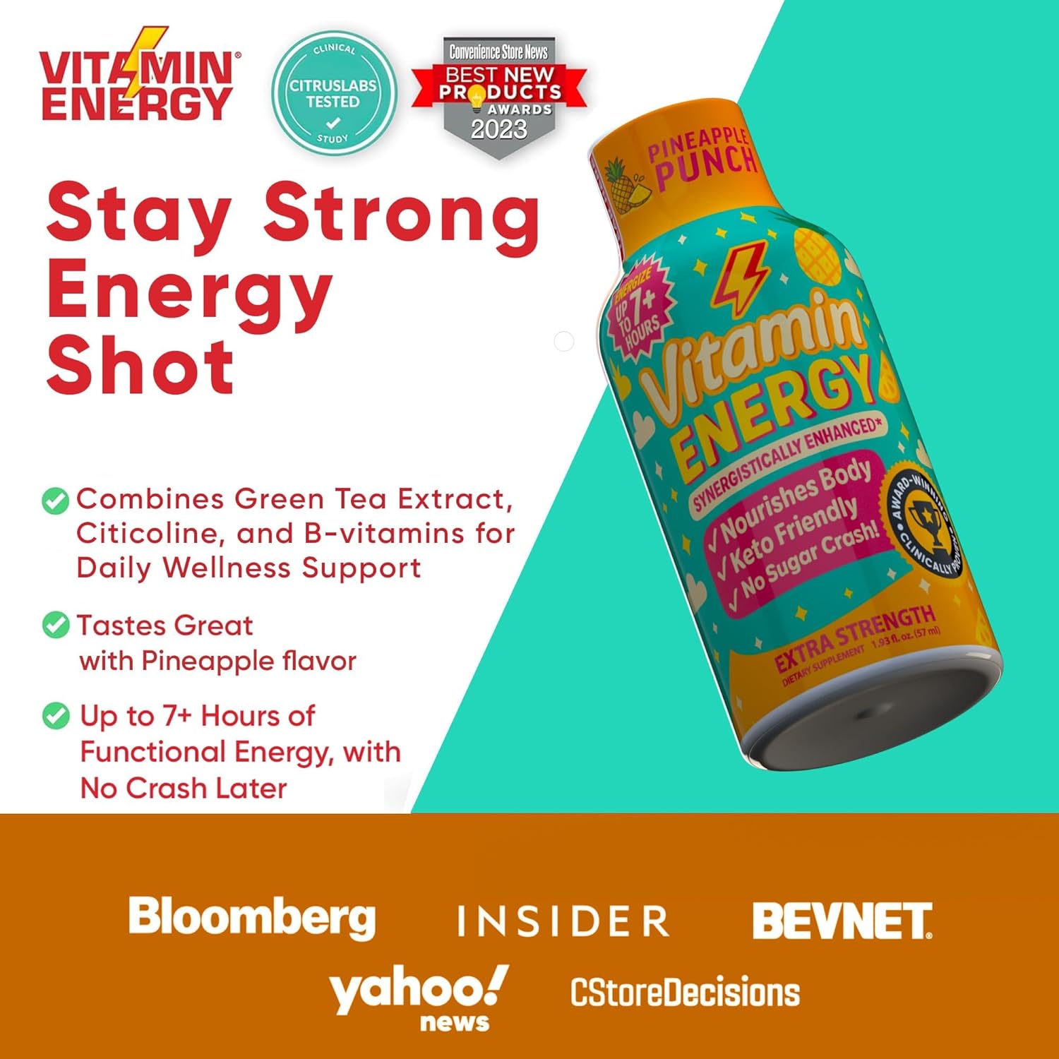 Vitamin Energy Immune+ Extra Strength Energy Shot Pineapple Punch 12 Pack, 260mg Natural Caffeine, B-Vitamins, Citicoline, Green Tea, Immunity & Focus Support, Zero Sugar, Gluten-Free 1.93 fl oz