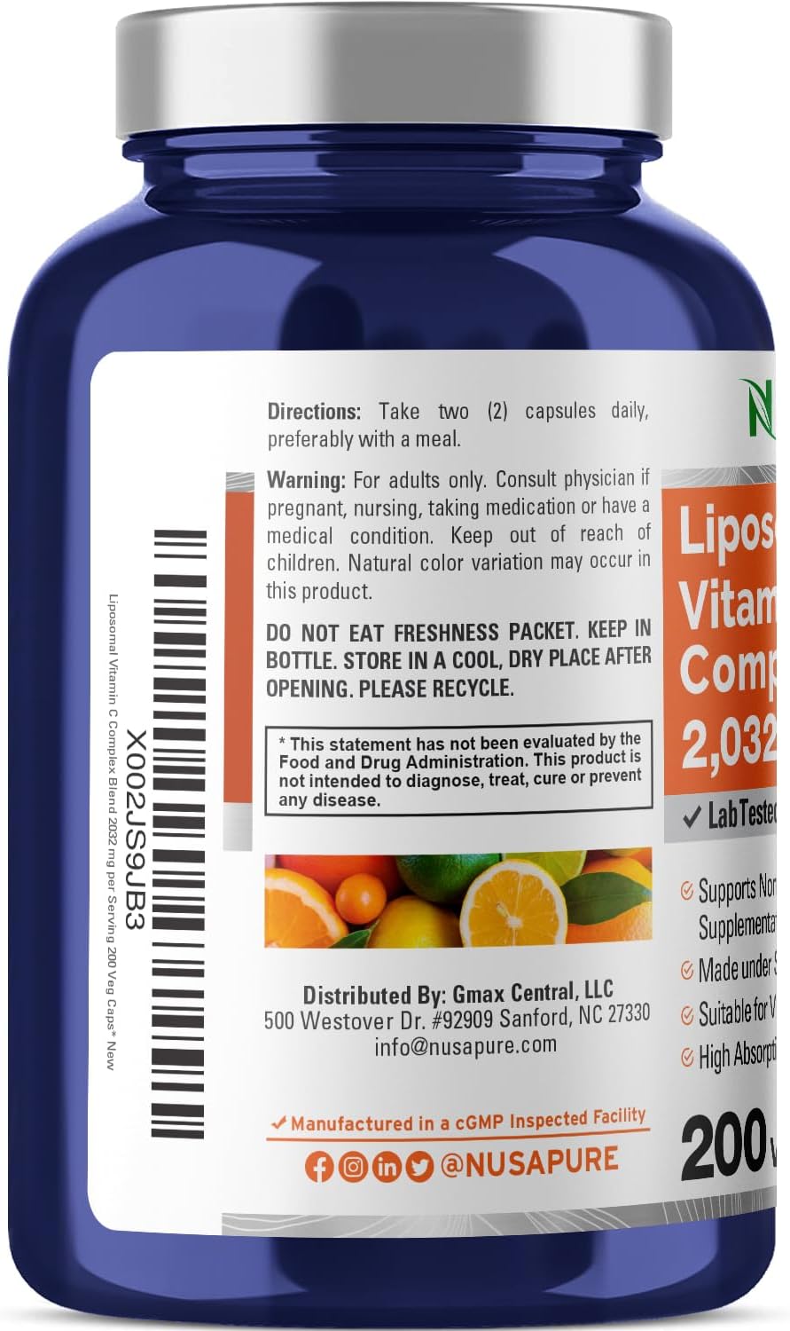 NusaPure Liposomal Vitamin C 2032mg - 200 Veggie Vegan Capsules, BioPerine - High Absorption Ascorbic Acid