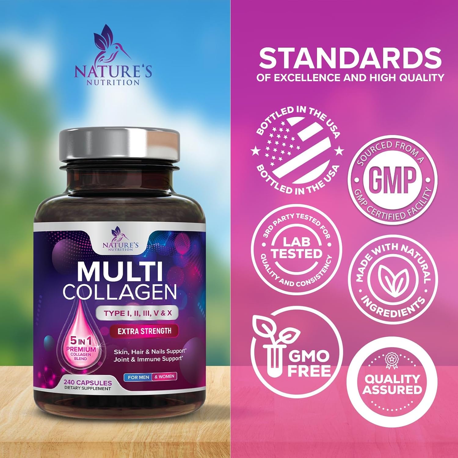 Multi Collagen Supplement 2400 mg - Types I, II, III, V & X Multi Collagen Peptides Pills for Women & Men, Hydrolyzed Collagen Supplements, Hair, Skin, Nail, & Joint Support Supplement - 240 Capsules