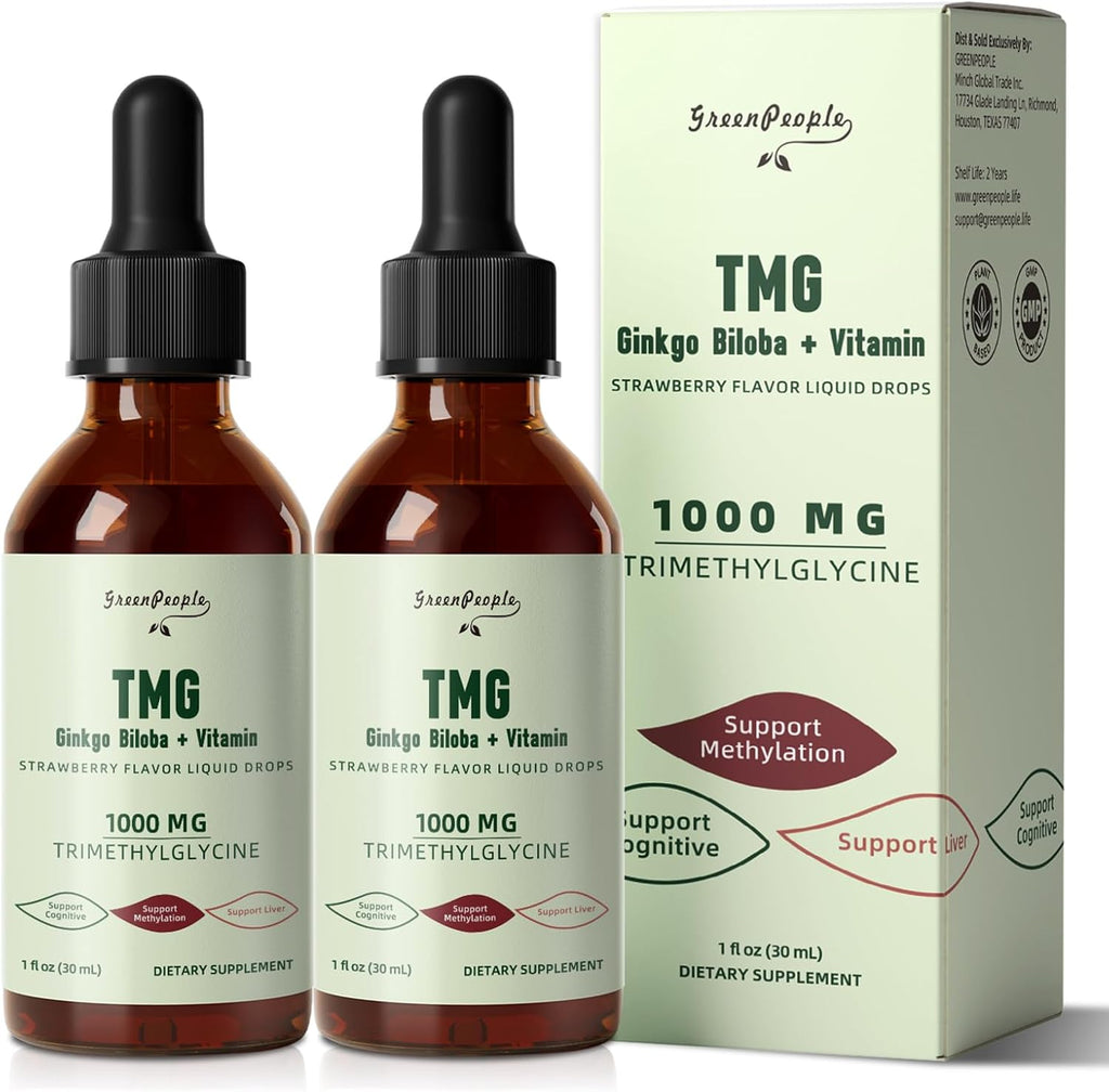 TMG Supplements 1000MG Liquid - 16-in-1 Trimethylglycine for Liver, Energy & Methylation Support - w/Ginkgo Biloba & Vitamins - Vegan High Absorption - Strawberry Flavor 1 Fl.Oz (2 Pack)