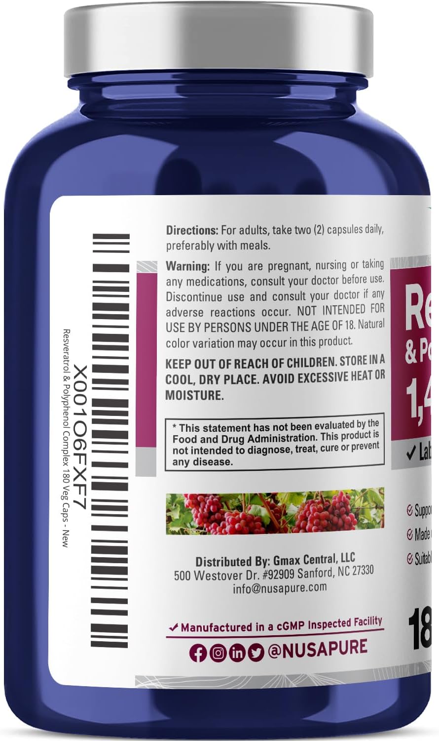 NusaPure Resveratrol & Polyphenol Complex 1450mg 180 Vegetarian Caps (Non-GMO, Vegan) Vitamin C