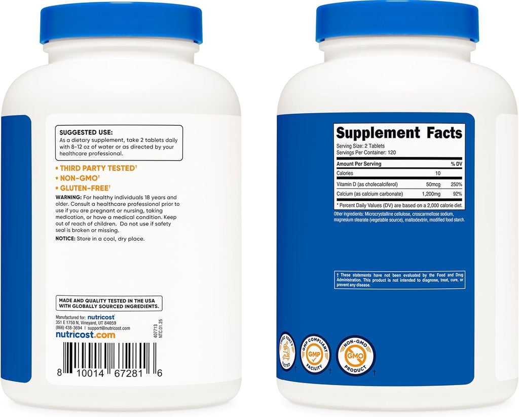 Nutricost Calcium with Vitamin D, 240 Tablets - Calcium (1200mg) Vitamin D (50mcg) Per Serving - Non-GMO, Gluten Free