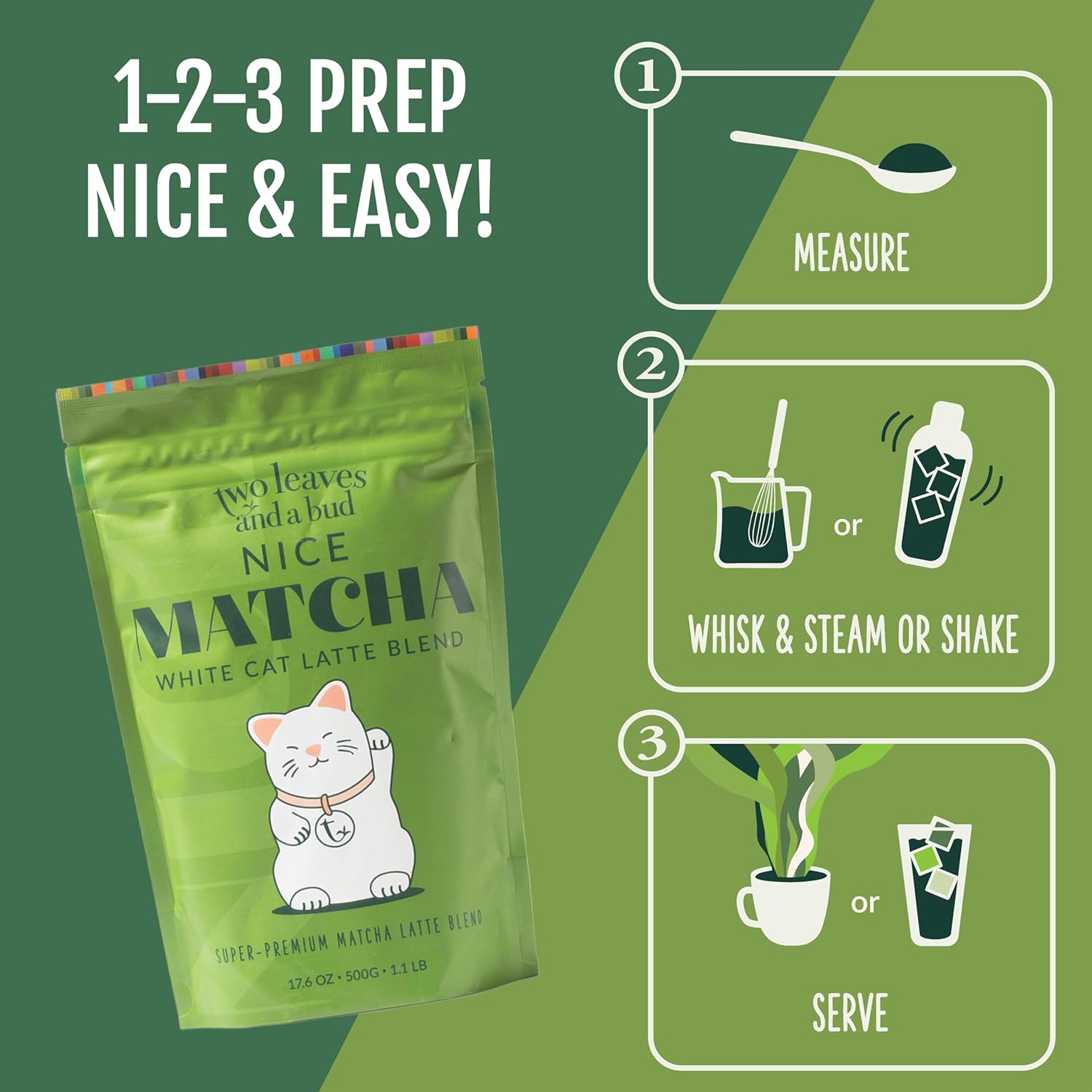 Two Leaves and a Bud Nice Matcha Latte Blend (36 Servings), Japanese Matcha Green Tea Powder, 1 Resealable Bag, 1.1lb (500g)