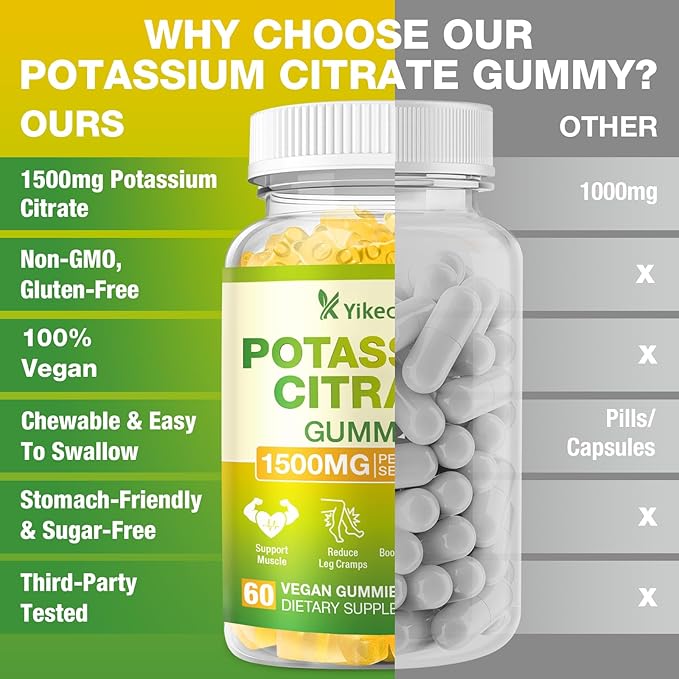 1500mg Potassium Citrate Gummies, Sugar-Free Potassium Supplement Gummies for Adults Women & Men, Support Leg Cramps & Electrolyte Balance, Vegan, Pineapple Flavor, 60 Count