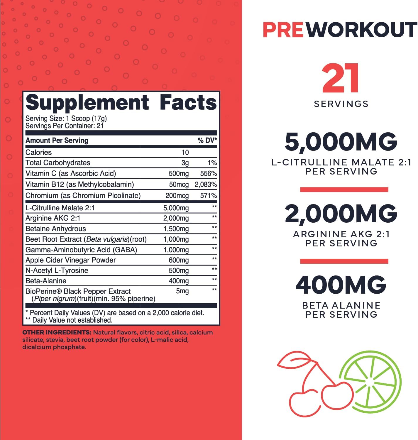 Type Zero Ultra Clean Stim Free Pump Pre Workout + Nitric Oxide Booster (Cherry Limeade) - Non Stimulating and Caffeine-Free for Men & Women
