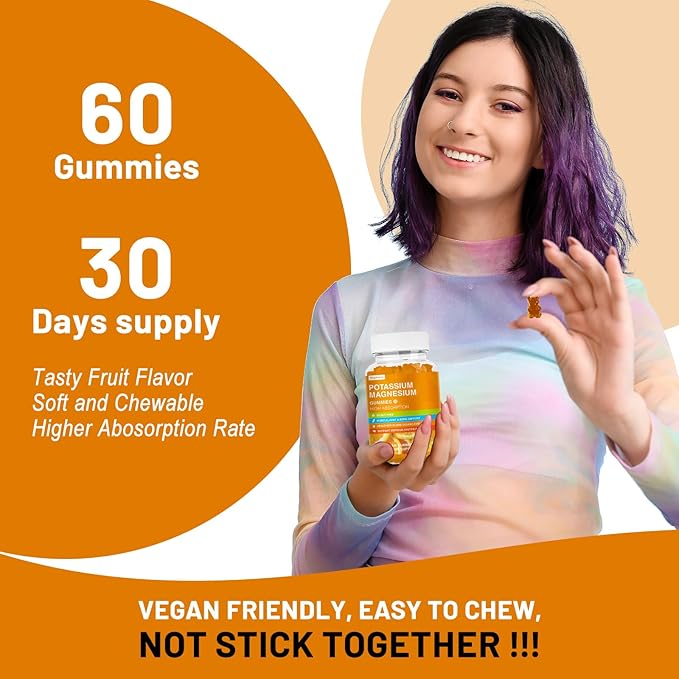 Potassium Magnesium Gummies - High Absorption Magnesium Glycinate & Potassium Citrate Plus Coenzyme Q10, DHA, D3, Mineral & Calcium for Zzz, Leg Cramps & Muscle - 60 Orange Gummies