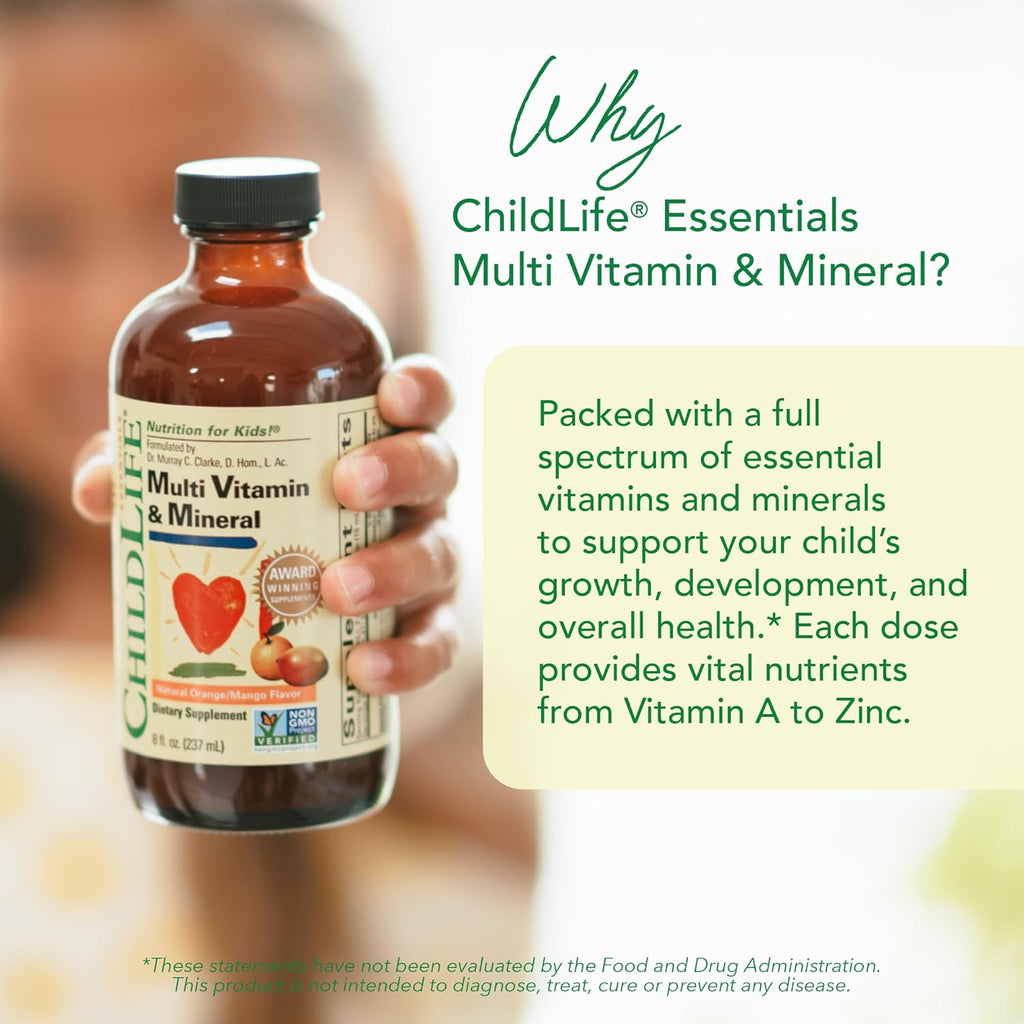 CHILDLIFE ESSENTIALS Kids Multivitamin & Mineral - Kids Vitamins, Liquid Multivitamin for Kids, Toddler Multivitamins, Liquid Vitamins, Baby Multivitamin - Natural Orange & Mango, 8 Fl Oz (Pack of 4)