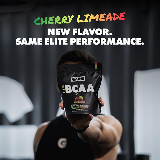 Gains in Bulk BCAA Powder, Pre Workout Plant Based Branch Chain Amino Acids, Gluten Free, Vegan Supplement with Keratin for Endurance & Strength During & Post Workout, Cherry Limeade, 30 Servings