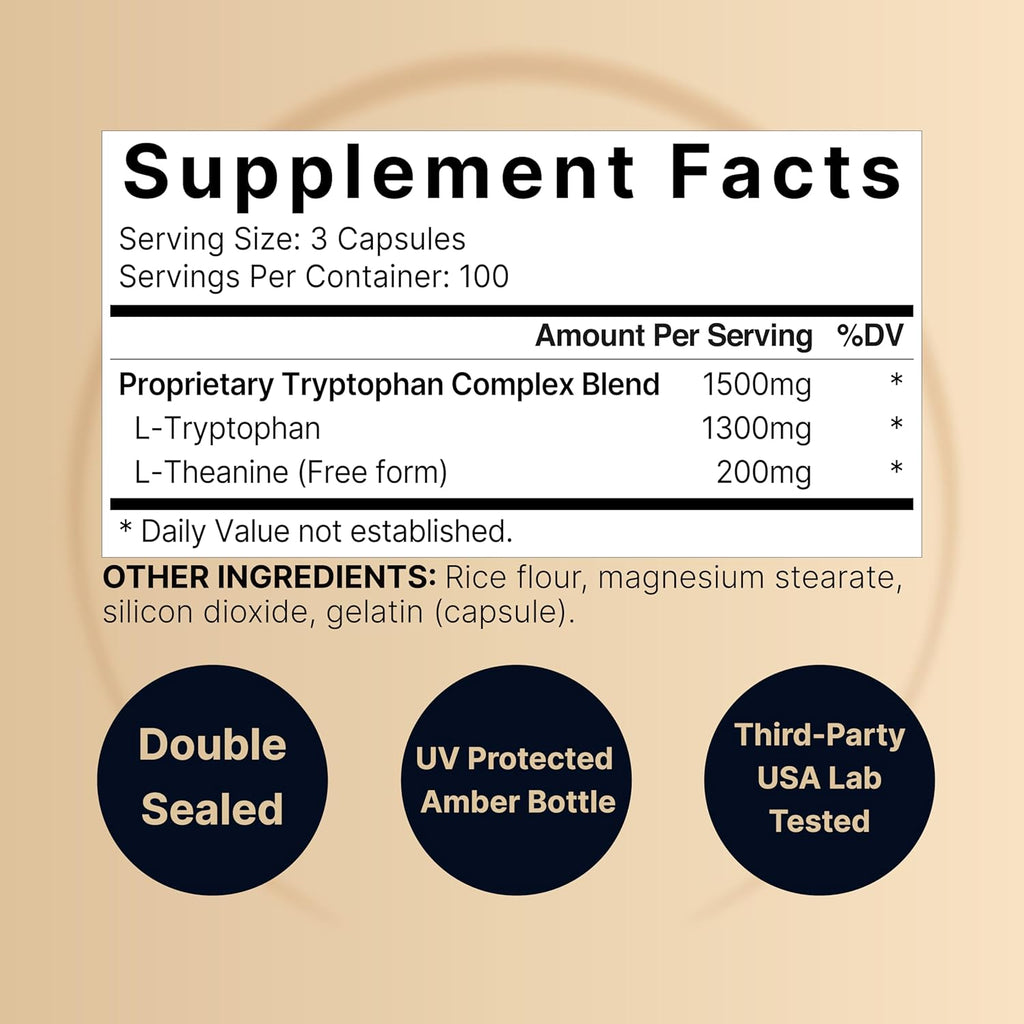 NatureBell L Tryptophan 1300mg with L Theanine 200mg, 300 Capsules | Active Free Form, Plant Based Supplement – Calm Formula, Supports Relaxation – Non-GMO & No Gluten