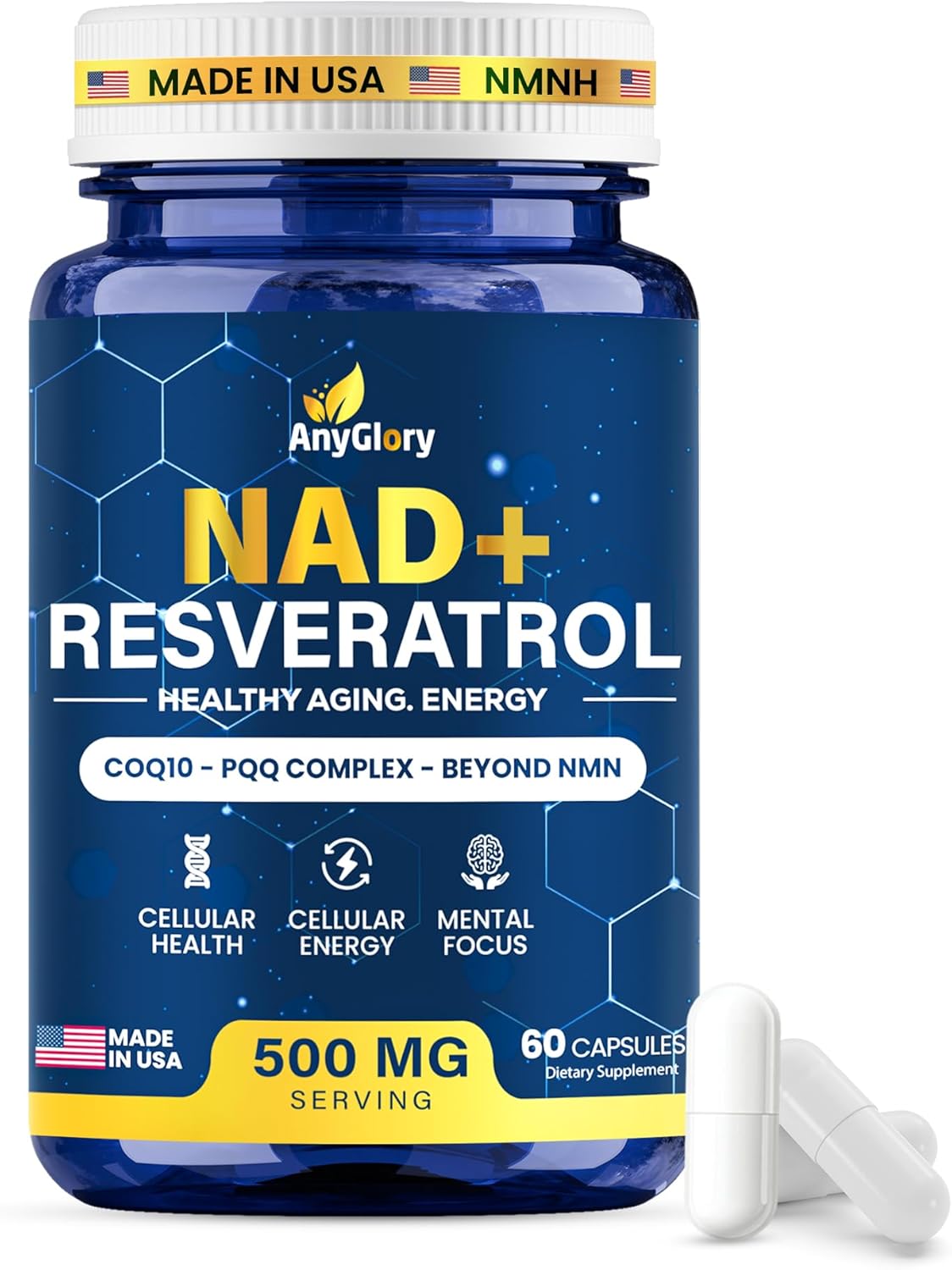 NAD+ Supplement with 500mg NR, Resveratrol, CoQ10, PQQ- 5-in-1 NAD Formula |NMN Supplement Alternative|NAD Resveratrol Support Cellular Energy & Healthy Aging-Made in USA-60 Capsules