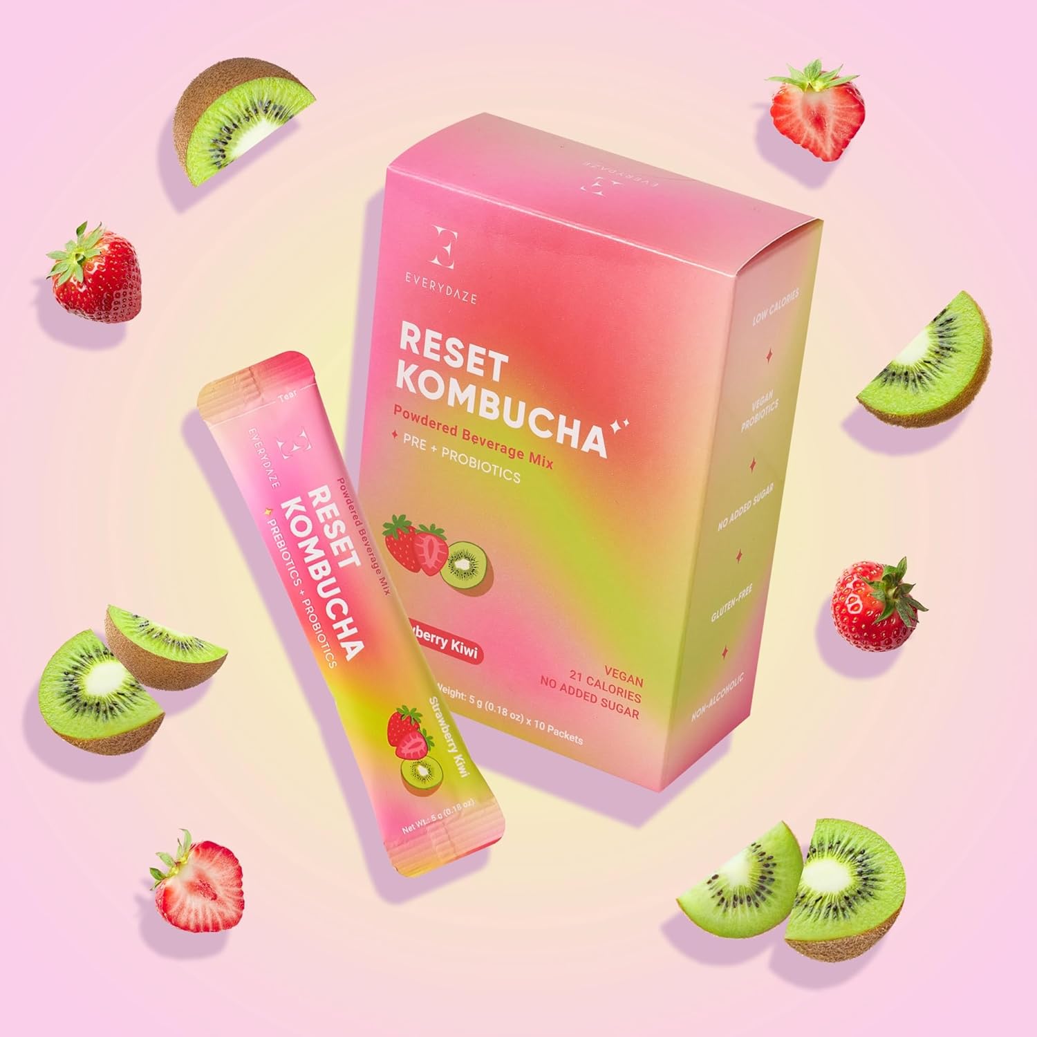 EVERYDAZE Reset Kombucha Tea Powdered Beverage Mix | 30 Pack (3 x 10ct) | Prebiotics + Probiotics | Vegan | No Added Sugar, Low Calorie, Gluten-Free, Sparkling Powder Drink (Strawberry Kiwi)