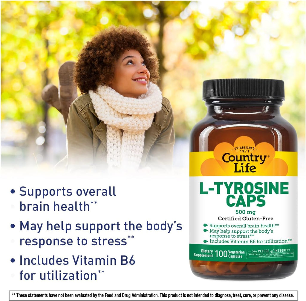 Country Life L-Tyrosine 500mg with Vitamin B6 Supplement - Certified Gluten-Free, Vegetarian, Kosher, Boosts Focus & Energy, Supports Brain Health, Enhances Mental Clarity, Non-GMO - 100 Capsules