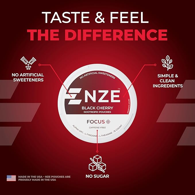 NZE Caffeine Free Nootropic Pouches (Black Cherry) - Nootropic Pouches with Alpha GPC, L-Tyrosine & L-Theanine - No Sugar or Artificial Sweeteners - 15 Pouches Per Can - 5 Pack