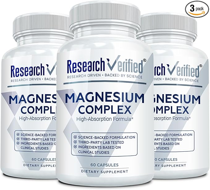 Research Verified Magnesium Complex - Brain, Muscle and Nerve Support - Magnesium Bisglycinate, Malate, Citrate, and Oxide - Bioperine - Vegan - 60 Capsules - Pack of 3