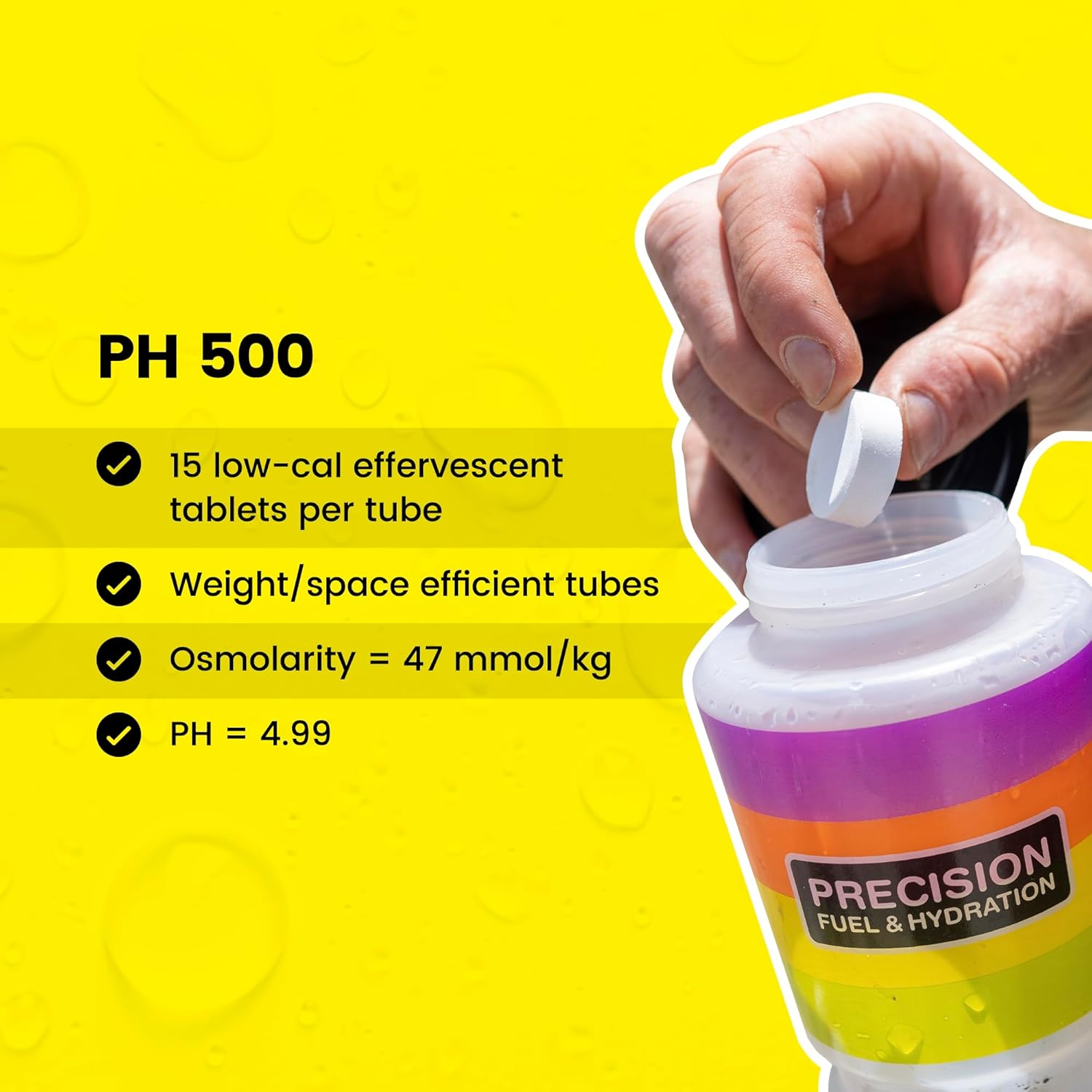 Precision Hydration Electrolyte Tablets - Multi Strength Effervescent Hydration Tablets - Combats Cramp - Low Calorie, Gluten Free, Vegan/Vegetarian Friendly (1 Tube, 500mg/L - Yellow Tube)