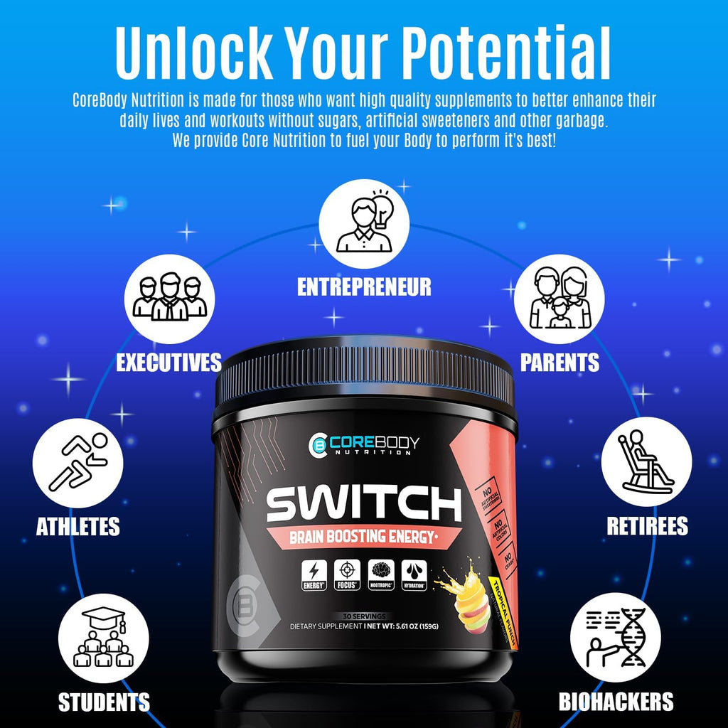 CoreBody Switch Energy Drink Mix -Nootropics Brain Support Supplement for Memory & Focus, Sugar Free Energy Booster with Nootropics, Alpha GPC, All Day Focus* (Tropical Punch)
