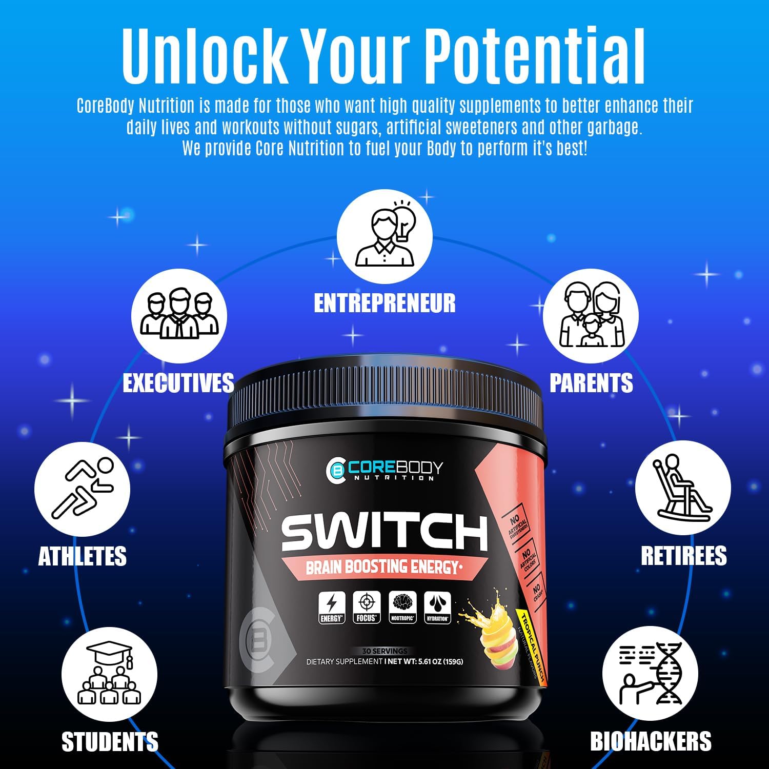 CoreBody Switch Energy Drink Mix -Nootropics Brain Support Supplement for Memory & Focus, Sugar Free Energy Booster with Nootropics, Alpha GPC, All Day Focus* (Tropical Punch)