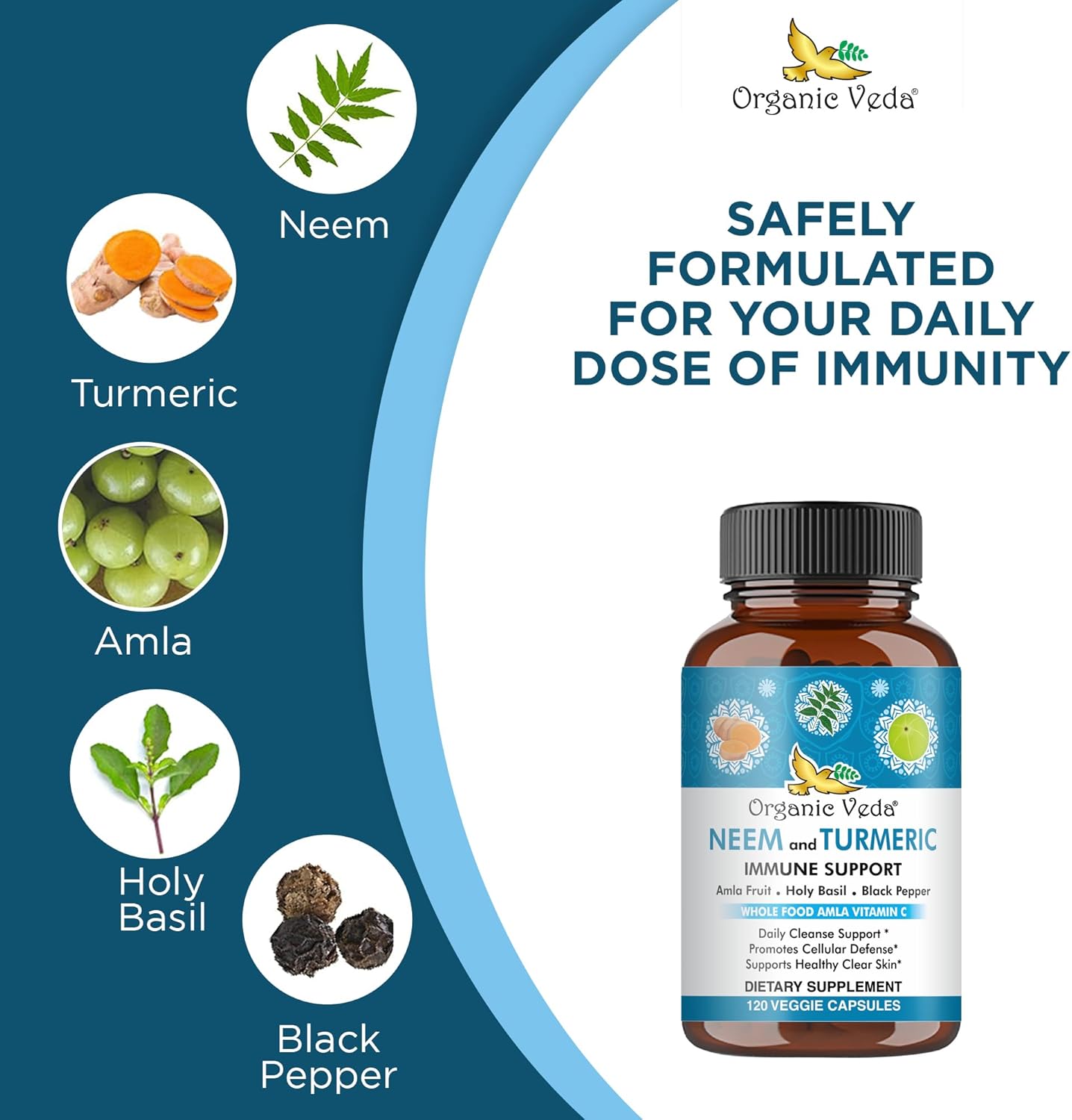 Organic Veda Neem & Turmeric Capsules with Amla Fruit, Tulsi, Holy Basil, Black Pepper Extract - Immune Support Dietary Supplement - Boosts Healthy Clear Skin & Cellular Defense - 120 Vegan Capsules