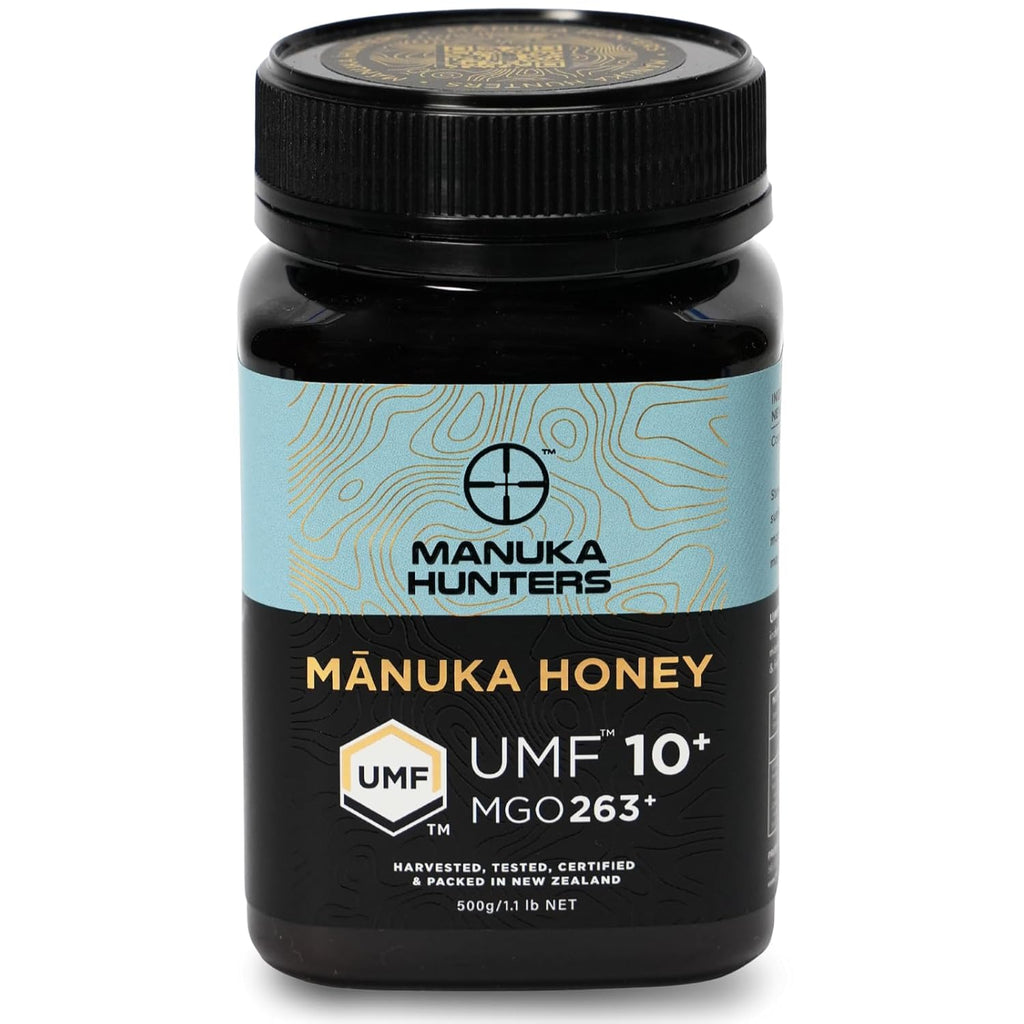 Manuka Hunters UMF 10+/MGO 263+ Certified New Zealand Manuka Honey - 100% Pure Natural Sweetener - Gluten, Dairy Free - Ideal for Tea, Coffee, Smoothies, and Baking - Sustainable - 1.1lb/500g Jar