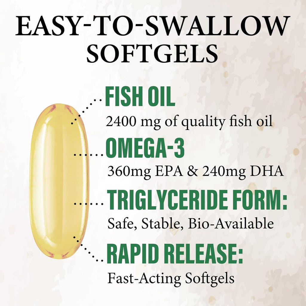 Omega 3 Fish Oil Supplements 2400 mg - Triple Strength Omega3 - EPA & DHA with Essential Fatty Acids - Natural Immune, Brain & Heart Health Support - Burpless, Lemon Flavor, Wild Caught - 120 Softgels