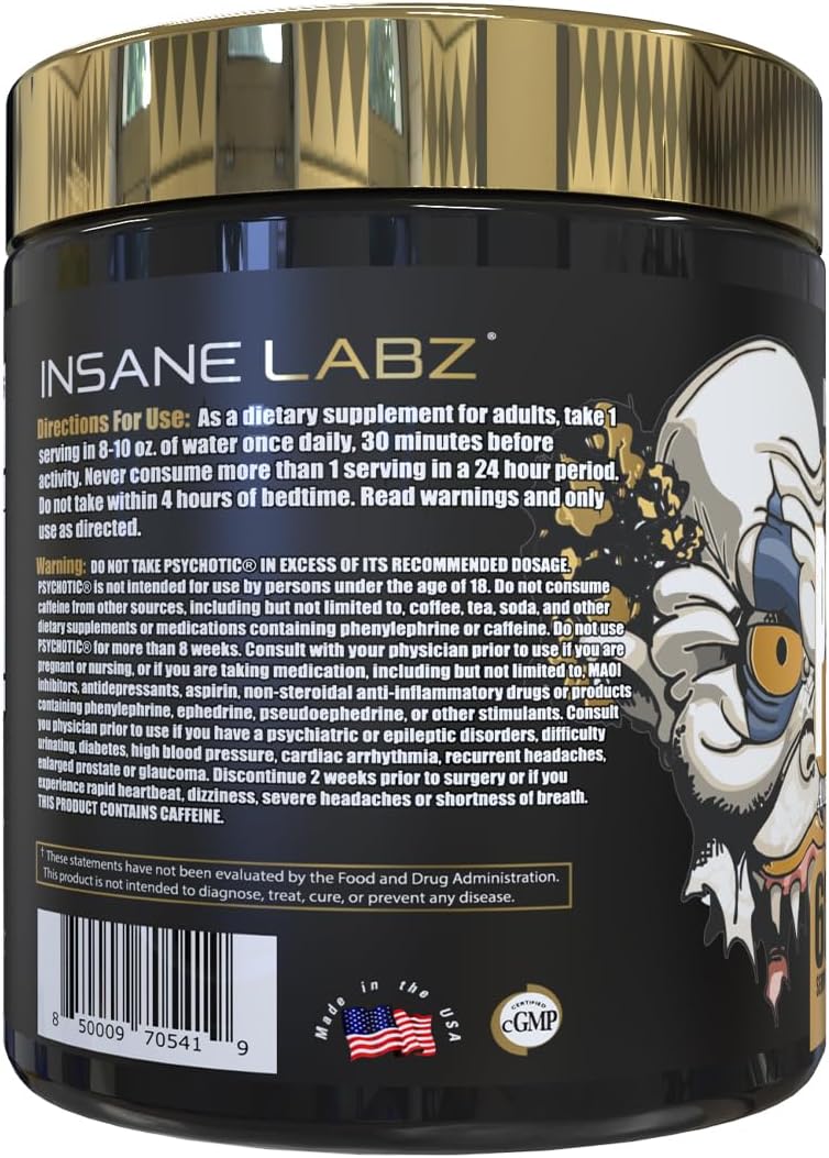Insane Labz Psychotic Gold, High Stimulant Pre Workout Powder, Extreme Lasting Energy, Pumps and Endurance with Beta Alanine, DMAE Bitartrate, NO Booster (60 Servings, Grape)