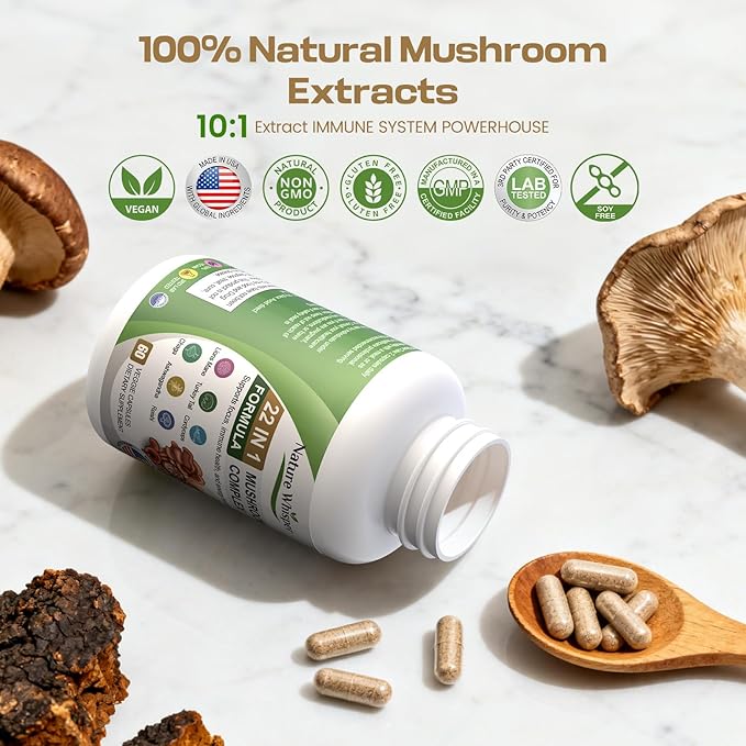 22 in 1 Lions Mane Mushroom Supplement with Ashwagandha | Black Pepper for Wellness Support, Mushrooms Complex with Turkey, Tail, Reishi, Cordyceps, Chaga, Maitake & More - 60 Capsules