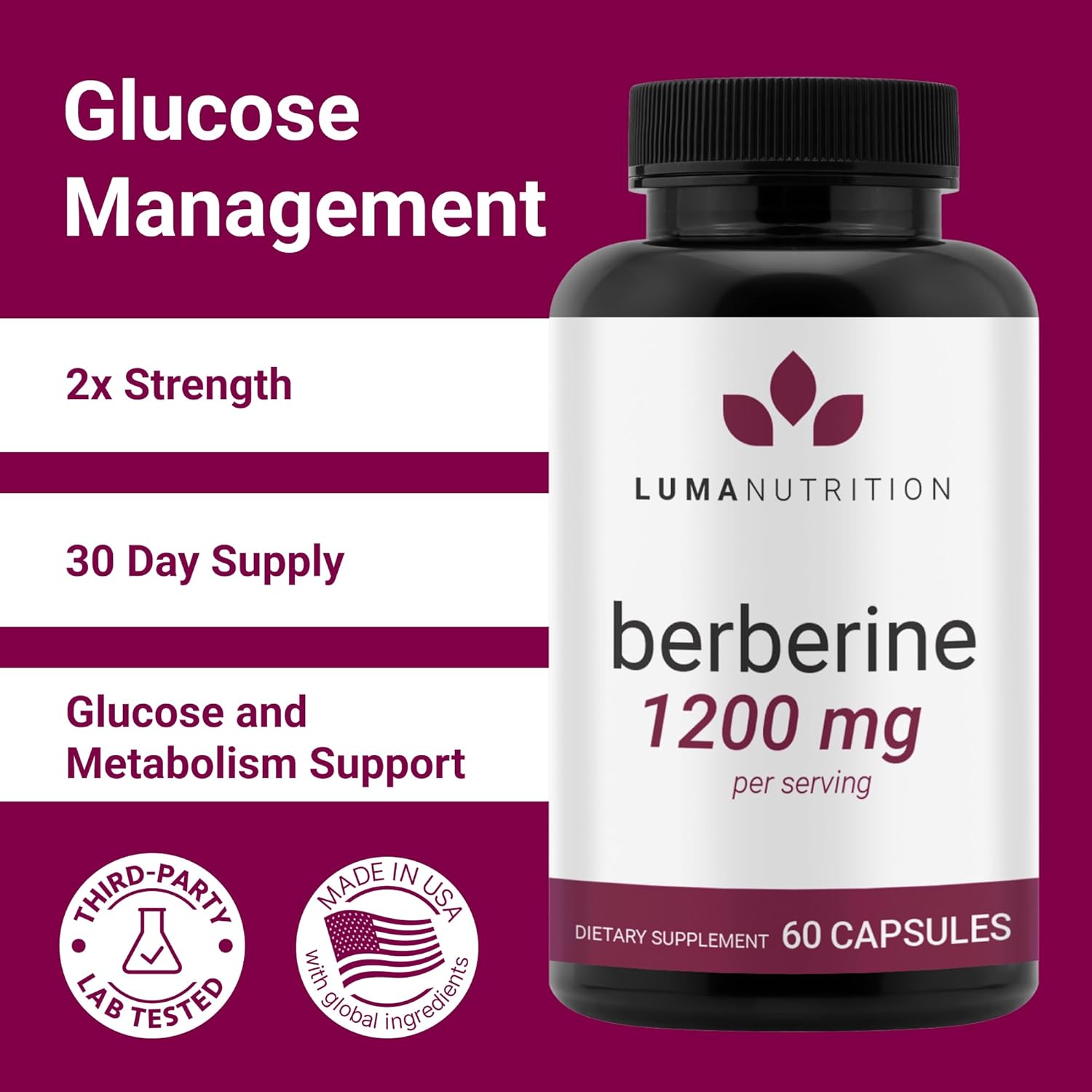 Luma Nutrition Berberine Supplement - Berberine HCL 1200mg Per Serving - Vegan, Gluten Free, Non-GMO - 60 Capsules