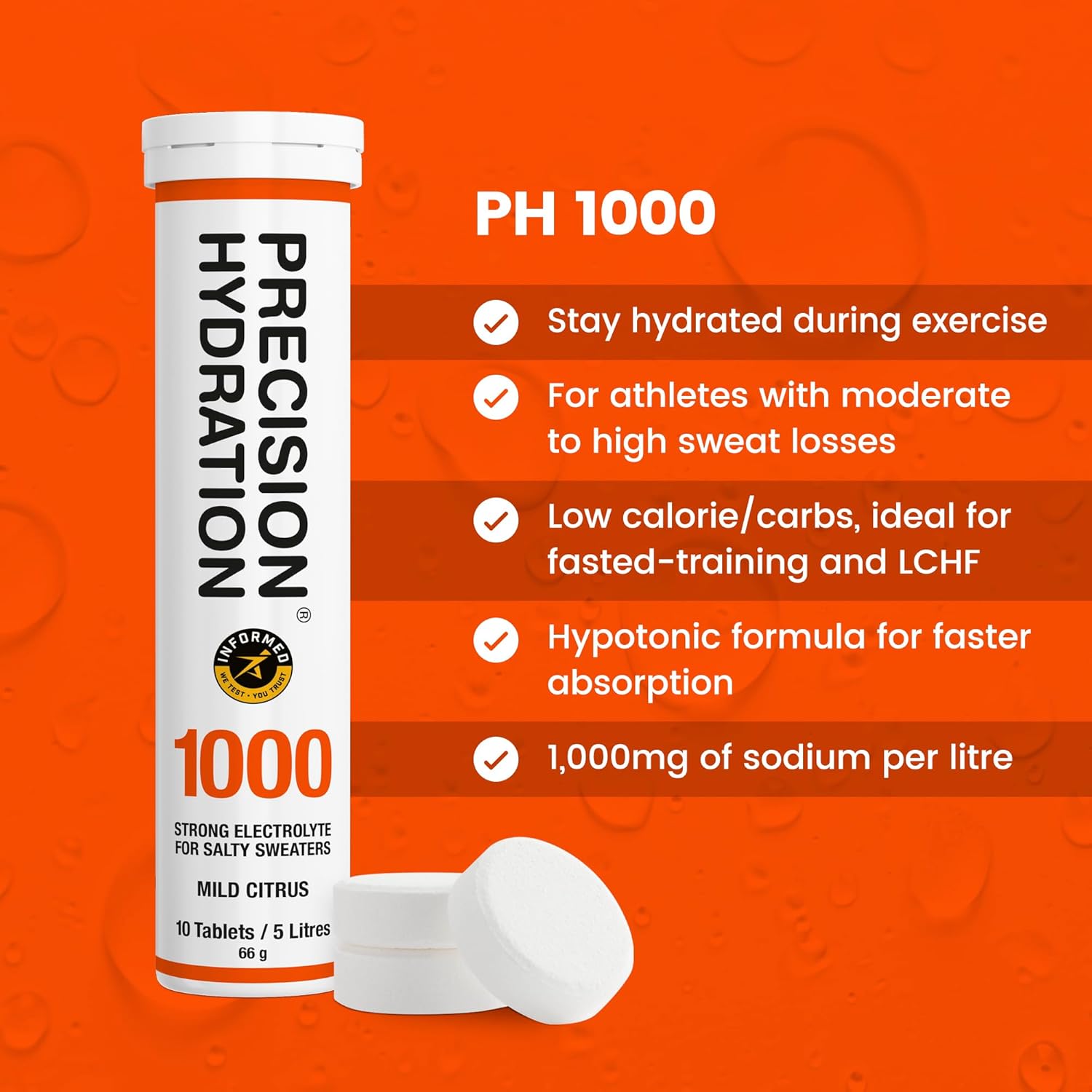 Precision Hydration Electrolyte Tablets - Multi Strength Effervescent Hydration Tablets - Combats Cramp - Low Calorie, Gluten Free, Vegan/Vegetarian Friendly(1 Tube, 1000mg/L - Orange Tube)