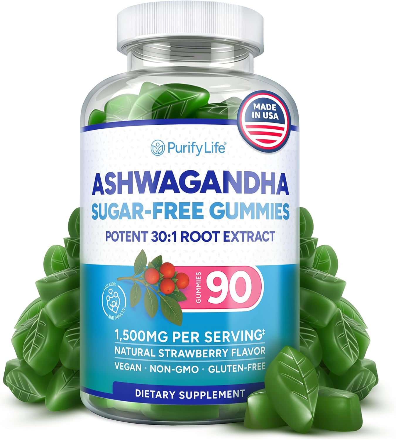 Sugar-Free Ashwagandha Gummies for Stress, Sleep & Mood Support - High-Potency 30:1 Ashwagandha Supplement Extract - Vegan Adaptogen Supplement for Women & Men, Natural Flavor, Plant-Based, 90 Gummies