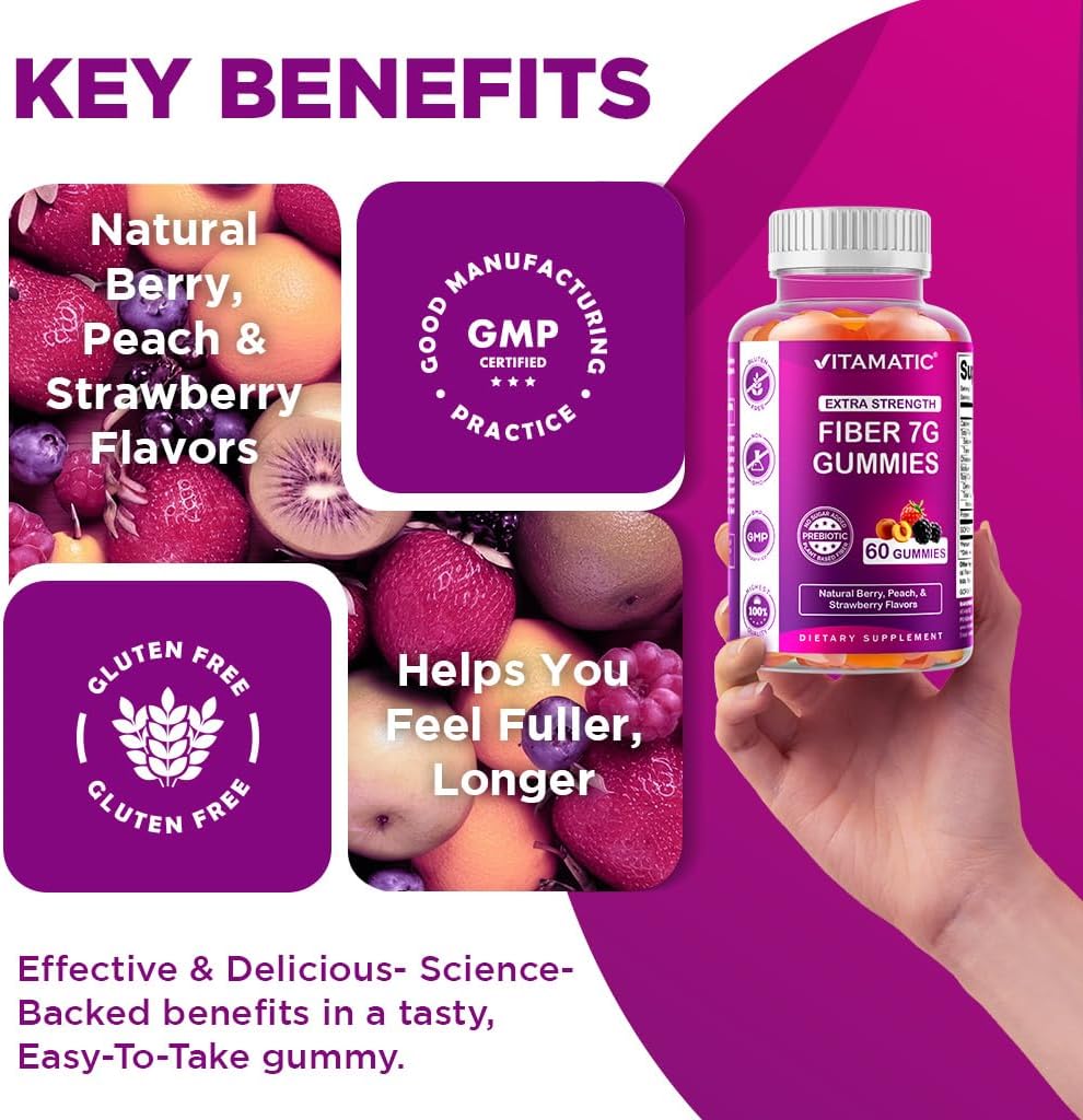 Vitamatic Prebiotic Fiber Gummies for Adults – 7g Fiber per Serving – 60 Pectin-Based Gummies Extra Strength, Zero Sugar Added – Supports Digestive Health & Regularity – Non-GMO, Vegan, Gluten-Free