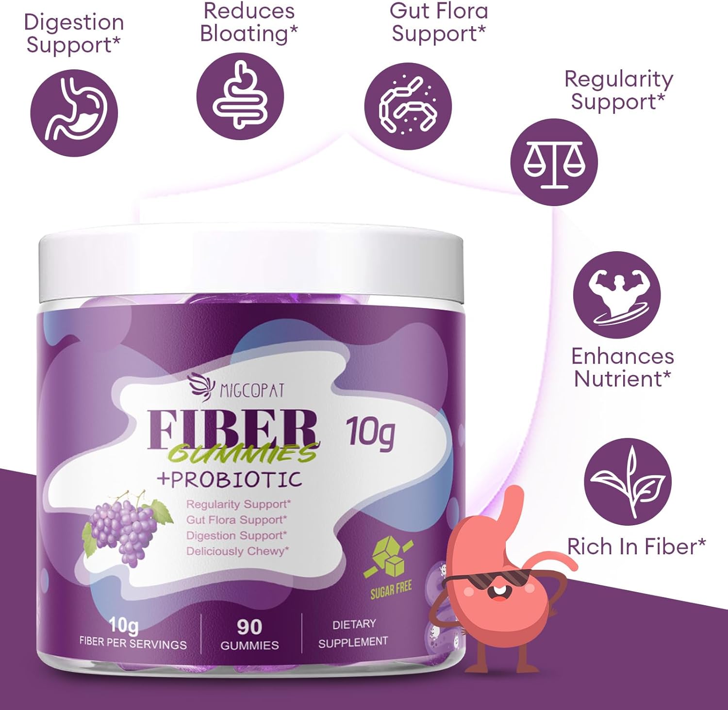 10G Fiber Gummies with 30 Billion CFU Probiotics, Grape Flavor, Bloating Support, Fiber Supplement with Vitamin C, ACV, Inulin, Sugar Free, 180 Count