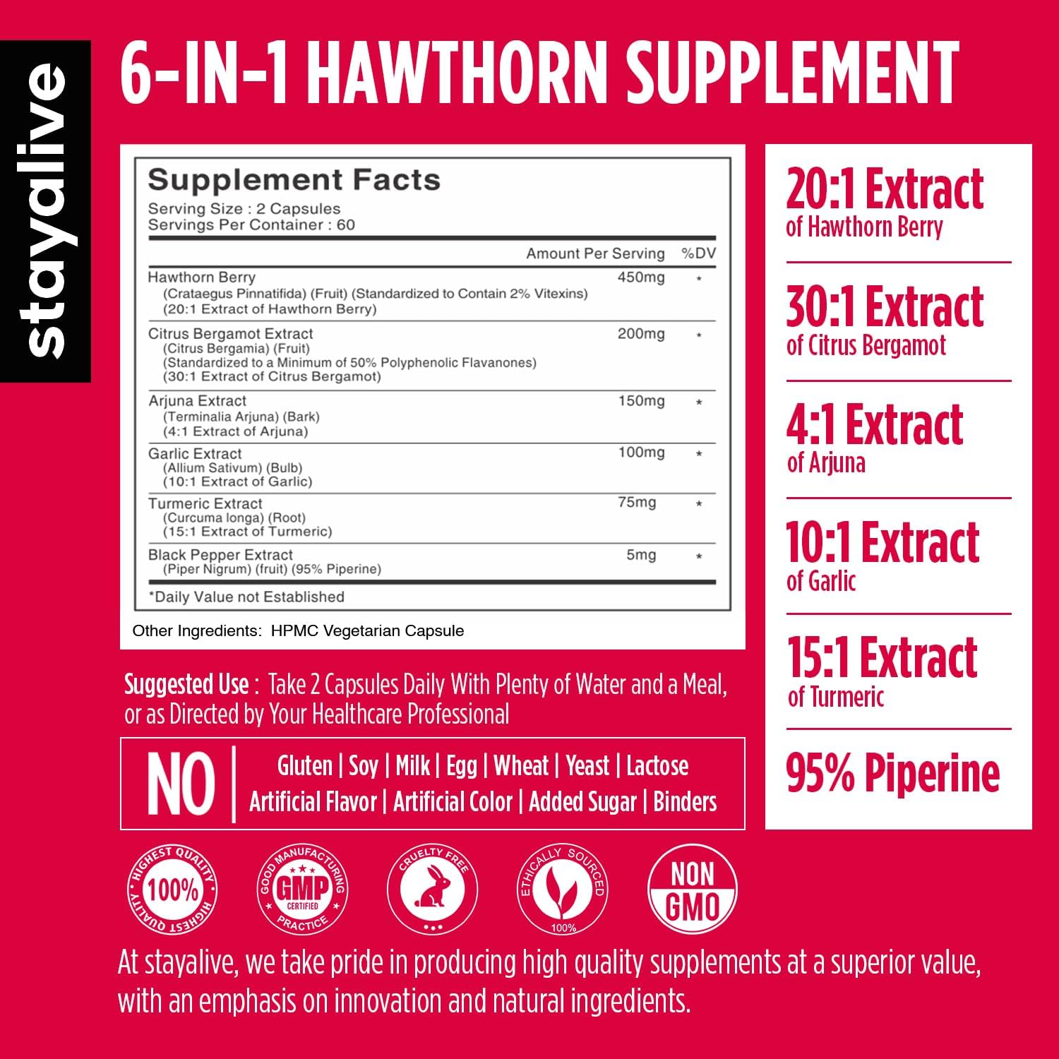 STAY ALIVE Extra Strength Hawthorn Berry Capsules, 20:1 Extract, 6-in-1 Antioxidant w/Citrus Bergamot, Turmeric Root Powder, Garlic, Arjuna & Black Pepper, 120 Vegan Pills, Hawthorne Berry Supplement