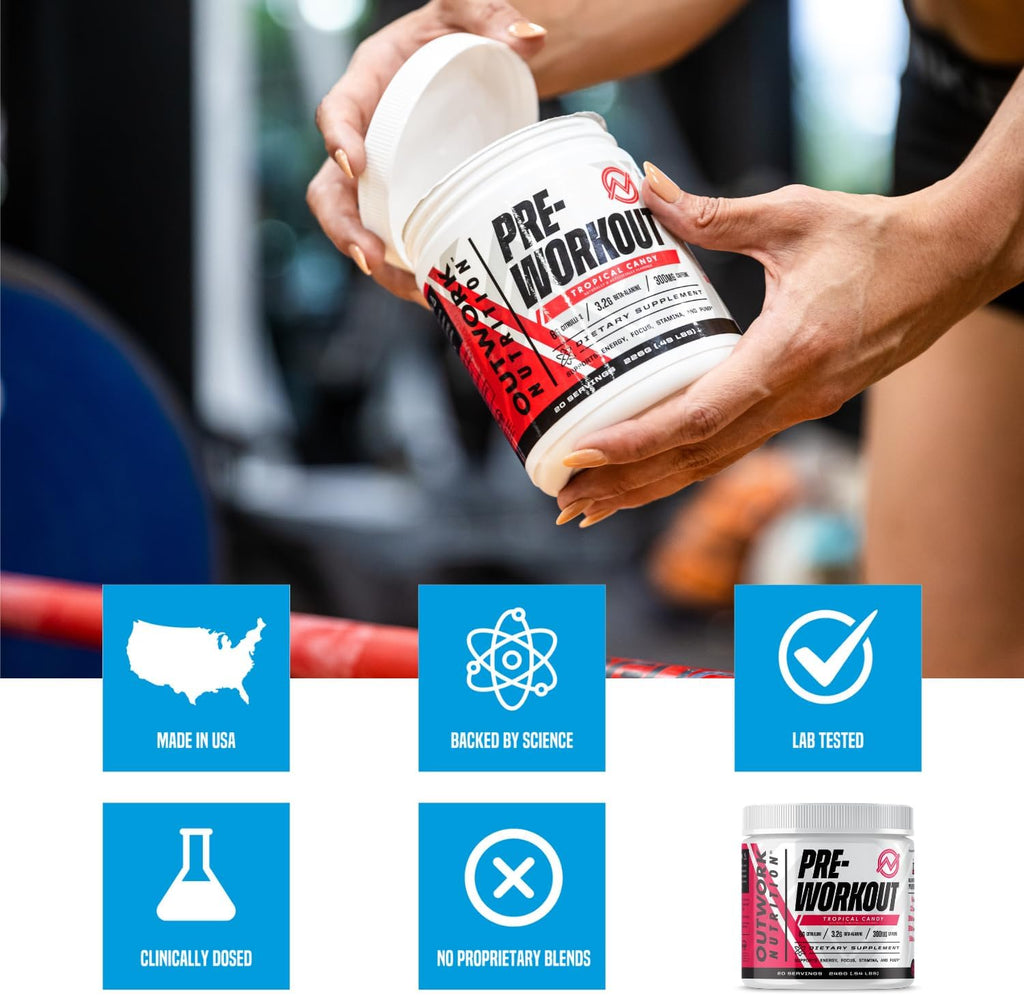 Outwork Nutrition Pre Workout Powder for Men & Women - Pre-Workout Supplements Without Creatine, Nootropic Preworkout with Citrulline Malate Beta Alanine Taurine Rhodiola Caffeine (Tropical Candy)