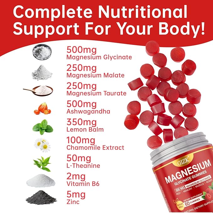 Magnesium Glycinate Gummies 500mg – Sugar Free Magnesium Gummies for Sleep, Stress, Muscle & Nerve Support – for Adults & Kids 4+, Vegan, No Melatonin (Raspberry Flavor, 60 Count)