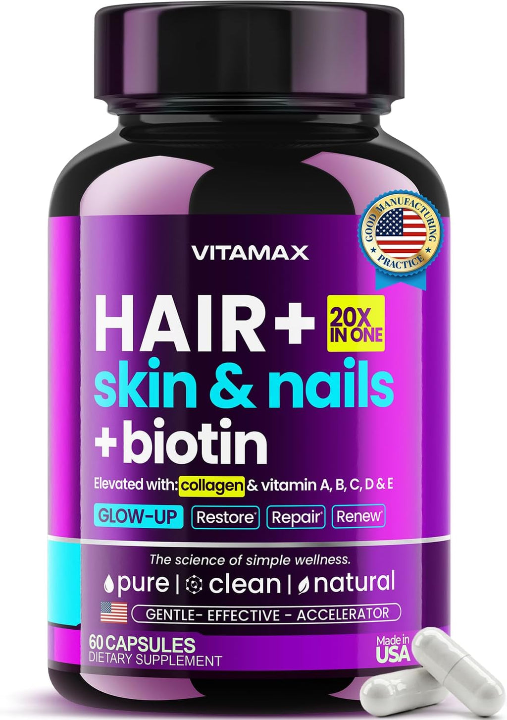 Biotin | Collagen | Keratin Booster with Hyaluronic Acid - Thicker Hair Growth, Healthy Skin & Stronger Nails Supplement – Extra Strength - Multi Vitamin B Complex - Women & Men - Made in USA - 60ct