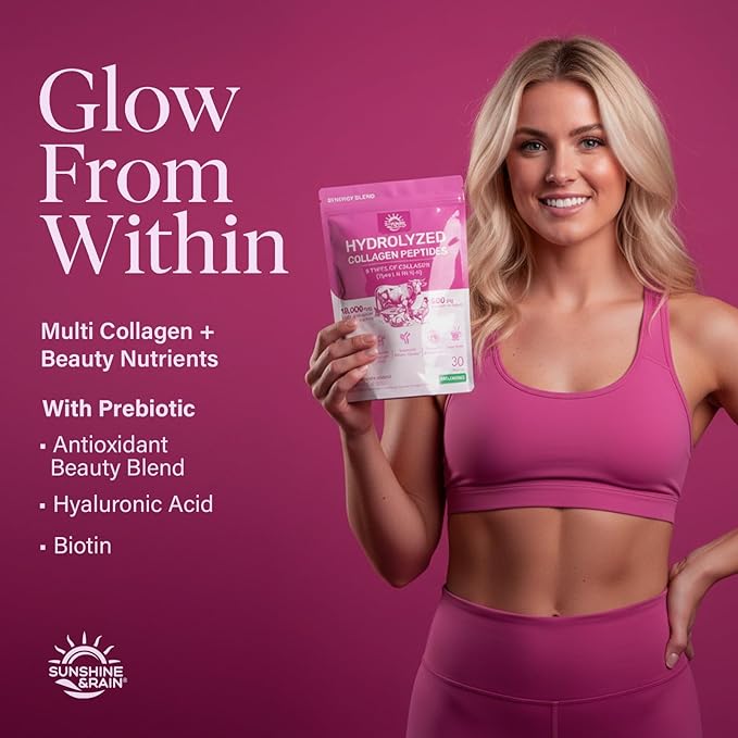 Multi Collagen Peptides Powder - 10g Hydrolyzed Collagen Peptides Type I, II, III, V & X with Biotin, Hyaluronic Acid & Prebiotics, Support Hair, Skin, Nail, Bone & Digestive Health, Non-GMO丨30 Sticks