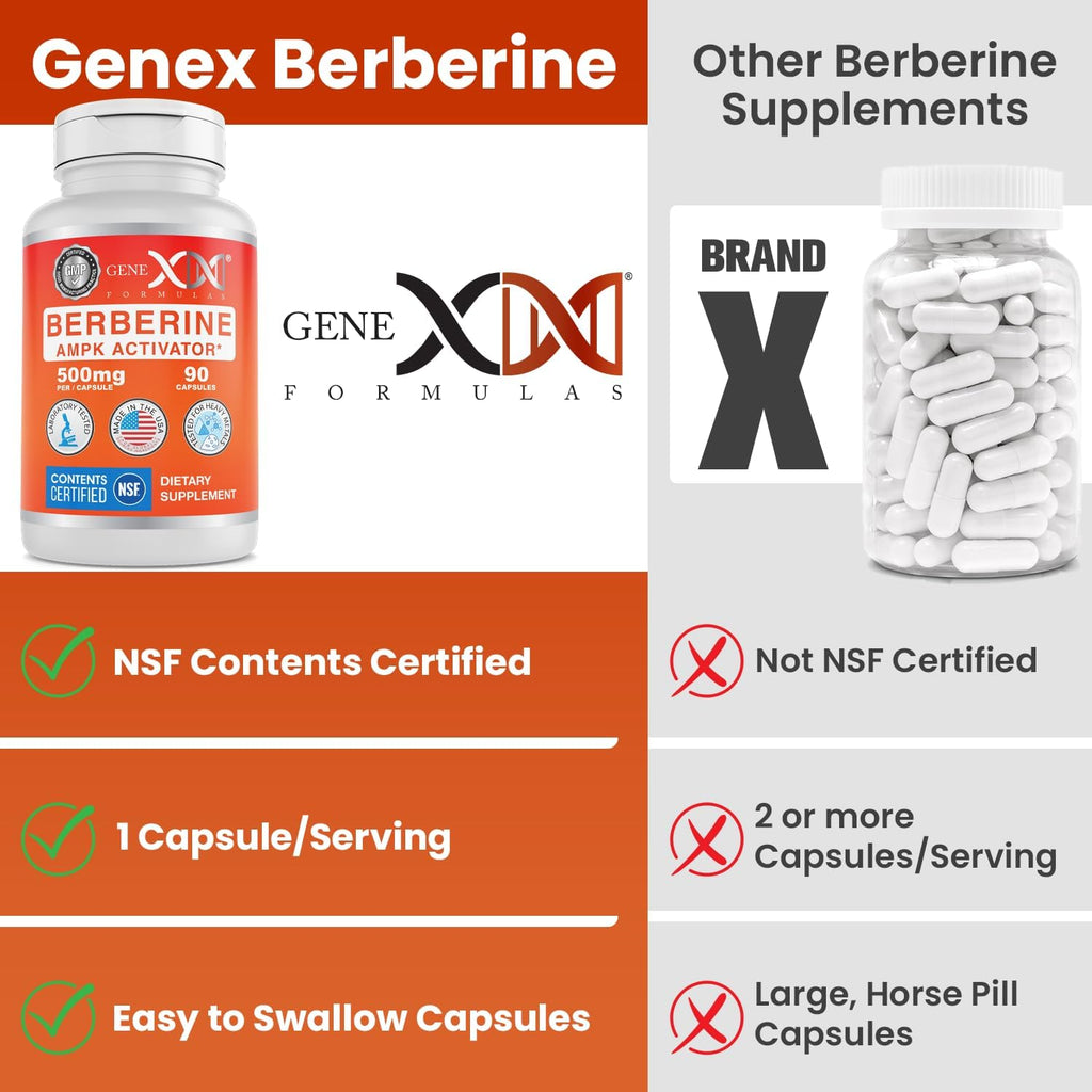 Genex Formulas Berberine HCl 500mg (90 Capsules) - NSF Certified for Safety, Quality & Label Accuracy - Supports Immune Health - Non-GMO, Gluten Free, Vegetarian