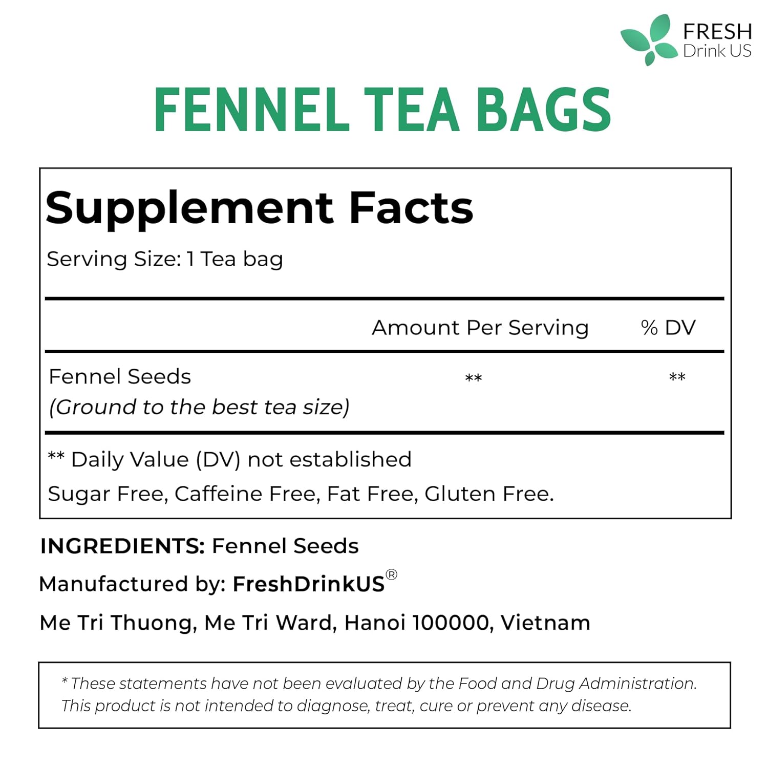 FreshDrinkUS, Premium 135 Fennel Tea Bags, 100% Natural & Pure from Fennel Seeds. Fennel Seed Herbal Tea. Fennel Seed Tea. Made with Natural Material Tea Bags. No Sugar, No Caffeine, No Gluten, Vegan.