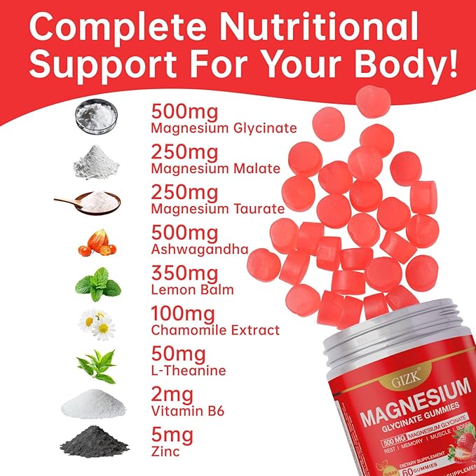 Magnesium Glycinate Gummies 500mg – Sugar Free Magnesium Gummies with L-Theanine - Sleep, Calm, Stress Relief for Adults & Kids 4+, Vegan, No Melatonin (Strawberry Flavor, 60 Count)