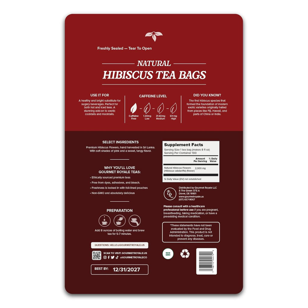 Gourmet Royale Hibiscus Tea, 100 Count, Sustainable Tea Bags, Pure Hibiscus Flowers, Caffeine & Sugar Free, Non-GMO & Vegan, Grown in Sri Lanka, (Pack of 1)