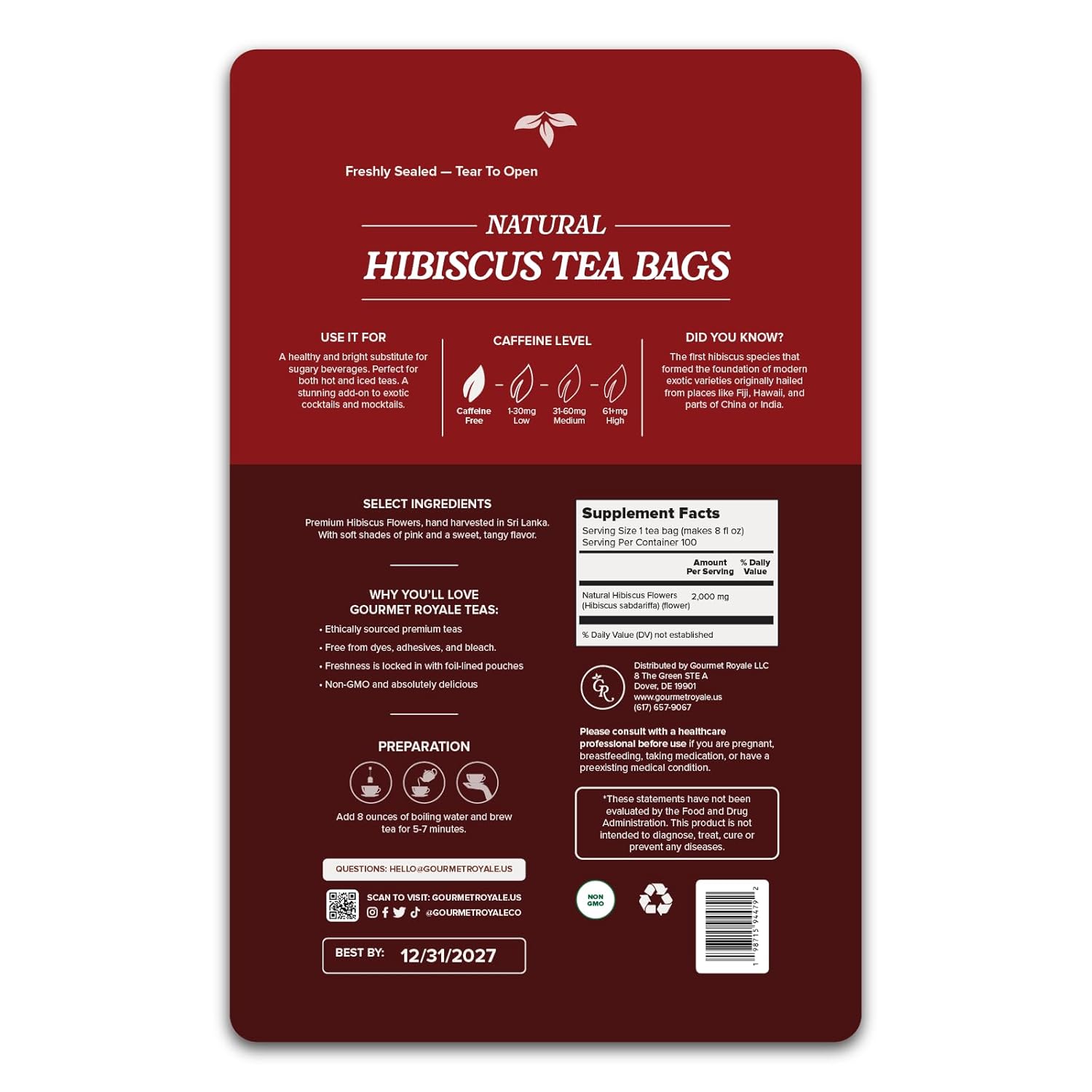 Gourmet Royale Hibiscus Tea, 100 Count, Sustainable Tea Bags, Pure Hibiscus Flowers, Caffeine & Sugar Free, Non-GMO & Vegan, Grown in Sri Lanka, (Pack of 1)