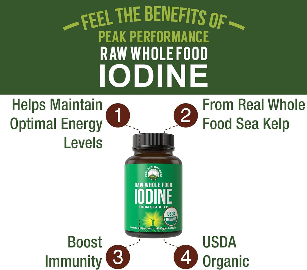 USDA Organic Raw Whole Food Iodine Supplement from Organic Kelp (Ascophyllum Nodosum). Potassium Iodide Support Tablets Alternative. for Thyroid, Energy, and Immune Support. 60 Vegan Capsules, Pills